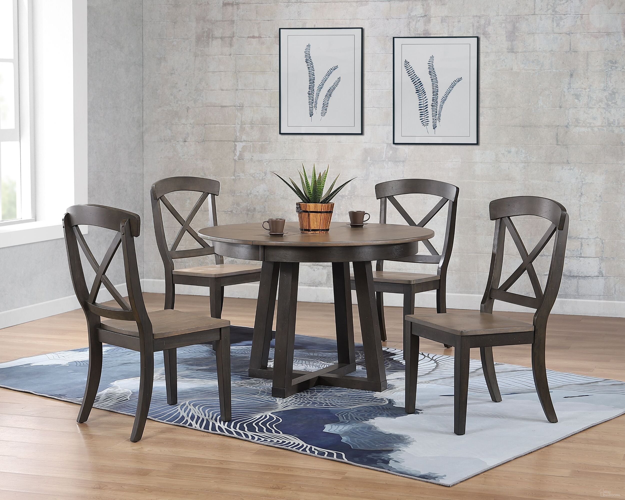 The appearance of Transitional X-Back 5-Piece Cross Pedestal Dining Set In Grey Stone and Black Stone designed by Iconic Furniture in the transitional interior design. This grey stone and black stone piece of furniture was selected by 1StopBedrooms from Cross Base Collection to add a touch of cosiness and style into your home. Sku: RD45CRSCH60GRSBKS-5PC. Table Base Style: Pedestal. Table Top Shape: Round. Material: Rubberwood.