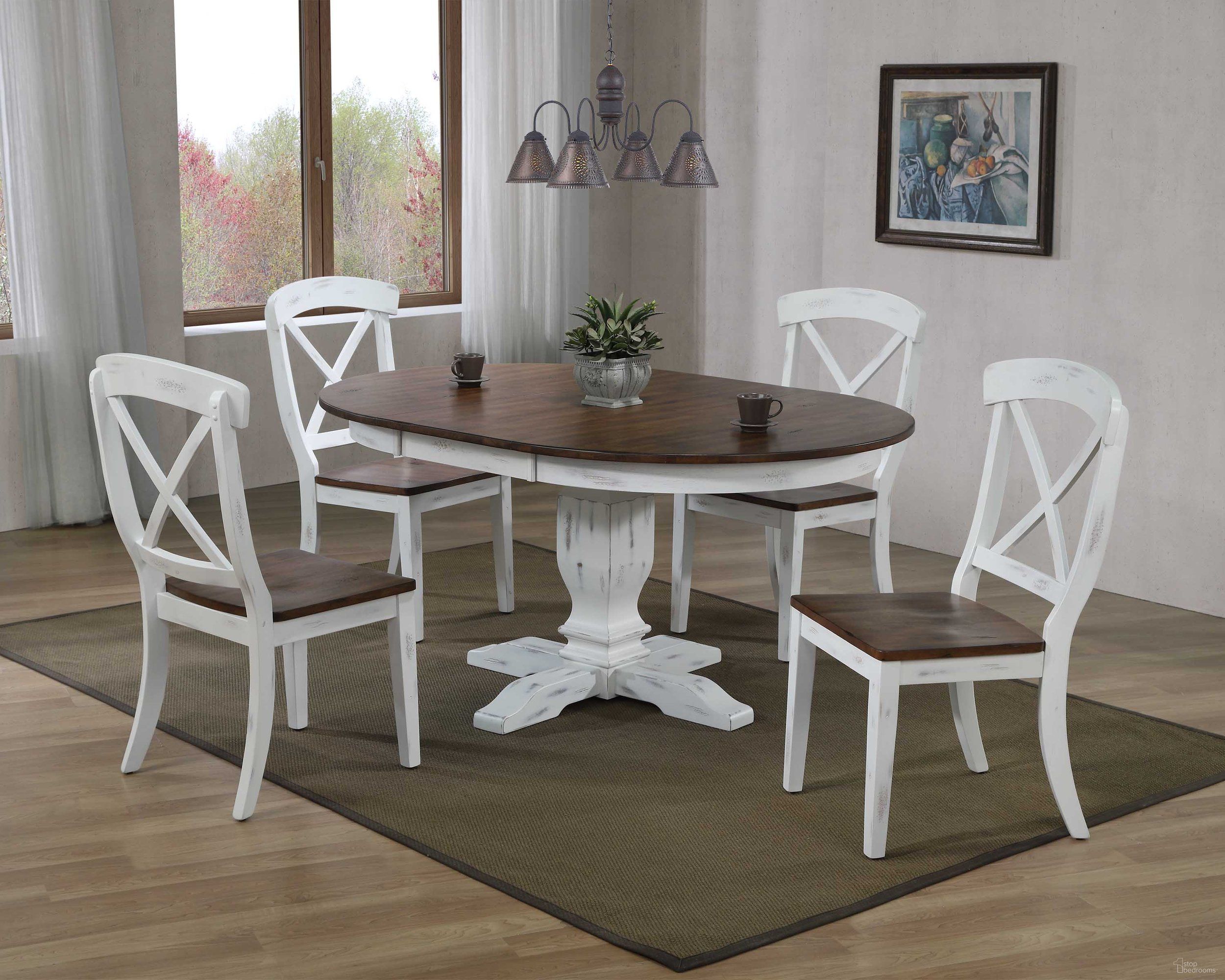 The appearance of Transitional X-Back 5-Piece Dining Set In Distressed Cocoa Brown and Cotton White designed by Iconic Furniture in the rustic / southwestern interior design. This distressed cocoa brown and cotton white piece of furniture was selected by 1StopBedrooms from TR Collection to add a touch of cosiness and style into your home. Sku: RD45TRCH60DBNDWT. Table Base Style: Double Pedestal. Table Top Shape: Rectangular. Material: Rubberwood.