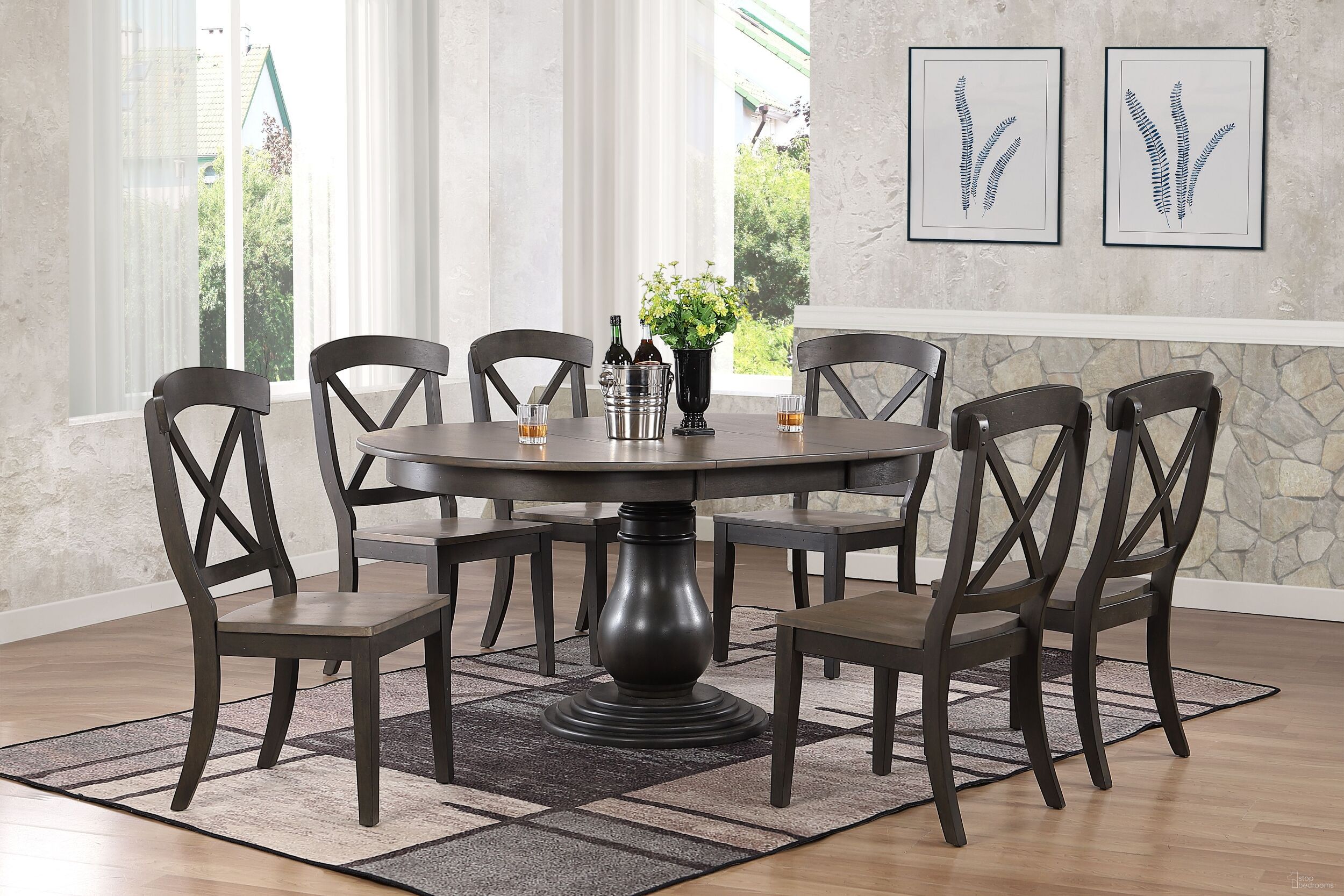 The appearance of Transitional X-Back 7-Piece Bella Dining Set In Grey Stone and Black Stone designed by Iconic Furniture in the transitional interior design. This grey stone and black stone piece of furniture was selected by 1StopBedrooms from Bella Collection to add a touch of cosiness and style into your home. Sku: RD45BELCH60GRSBKS-7PC. Table Base Style: Pedestal. Table Top Shape: Round. Material: Rubberwood.