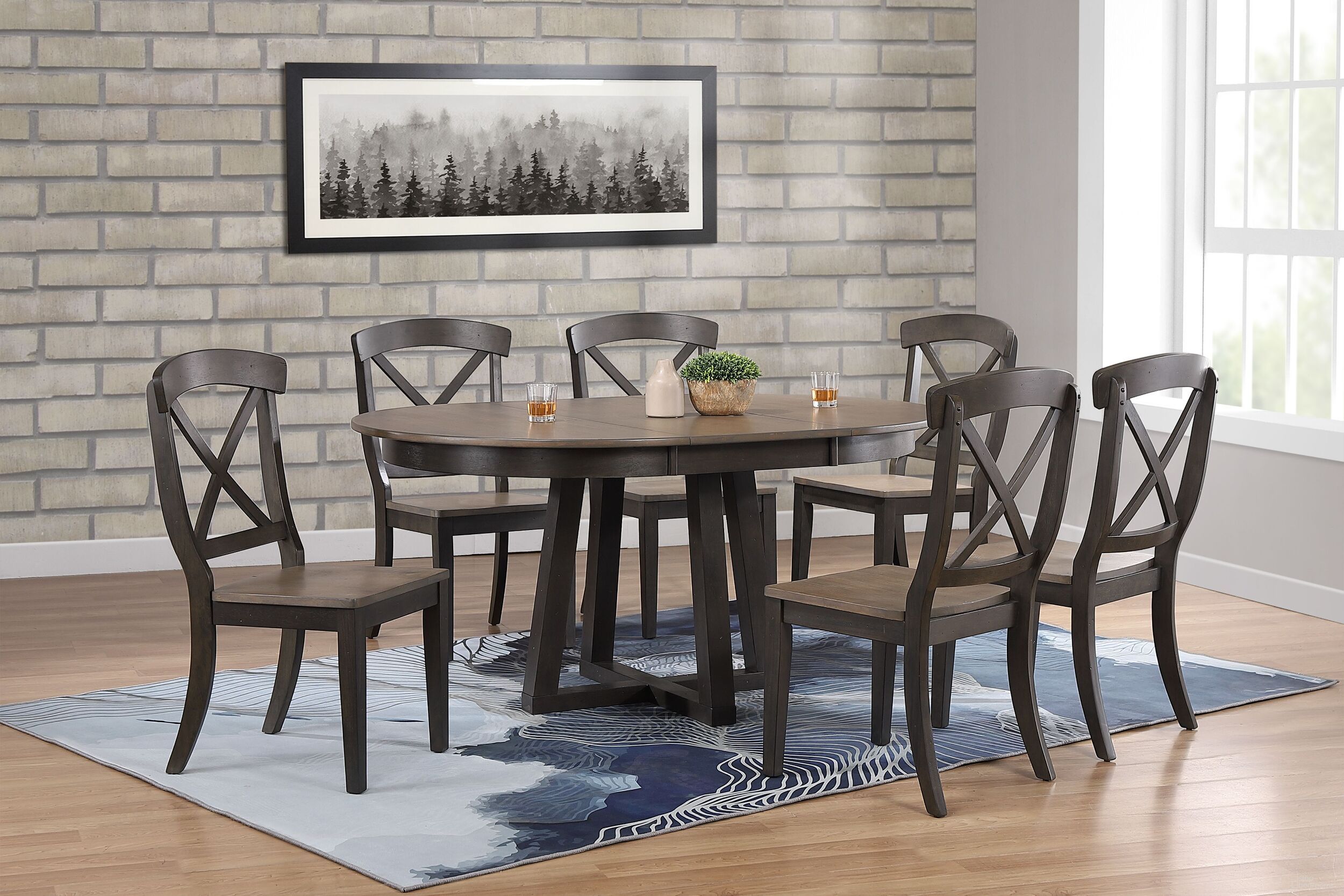 The appearance of Transitional X-Back 7-Piece Cross Pedestal Dining Set In Grey Stone and Black Stone designed by Iconic Furniture in the transitional interior design. This grey stone and black stone piece of furniture  was selected by 1StopBedrooms from Cross Base Collection to add a touch of cosiness and style into your home. Sku: RD45CRSCH60GRSBKS-7PC. Table Base Style: Pedestal. Table Top Shape: Round. Material: Rubberwood.
