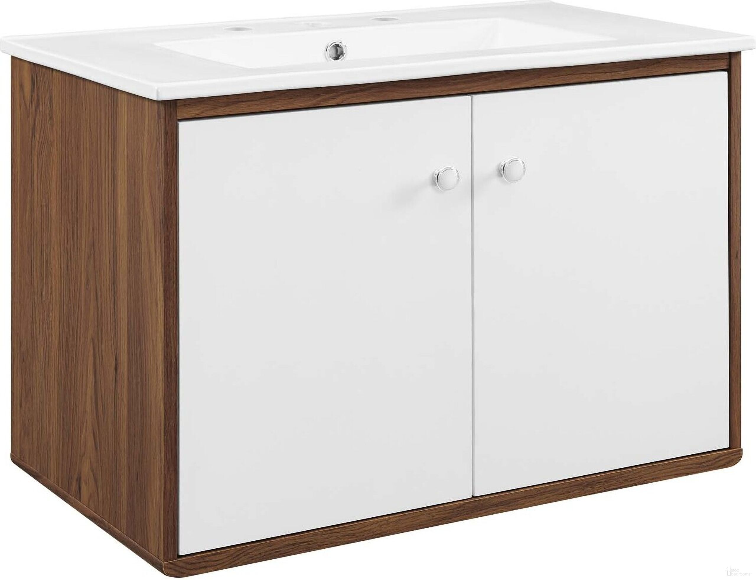The appearance of Transmit 30 Inch Wall Mount Bathroom Vanity In Walnut White designed by Modway in the modern / contemporary interior design. This walnut white piece of furniture  was selected by 1StopBedrooms from Transmit Collection to add a touch of cosiness and style into your home. Sku: EEI-4830-WAL-WHI;EEI-4837-WHI. Material: Wood.