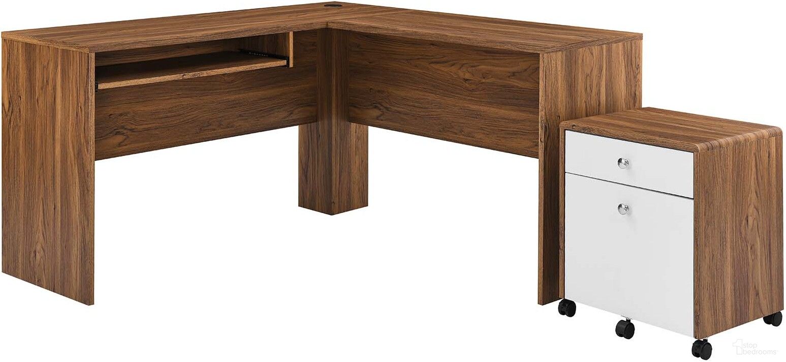 Transmit Wood Desk and File Cabinet Set In Walnut White