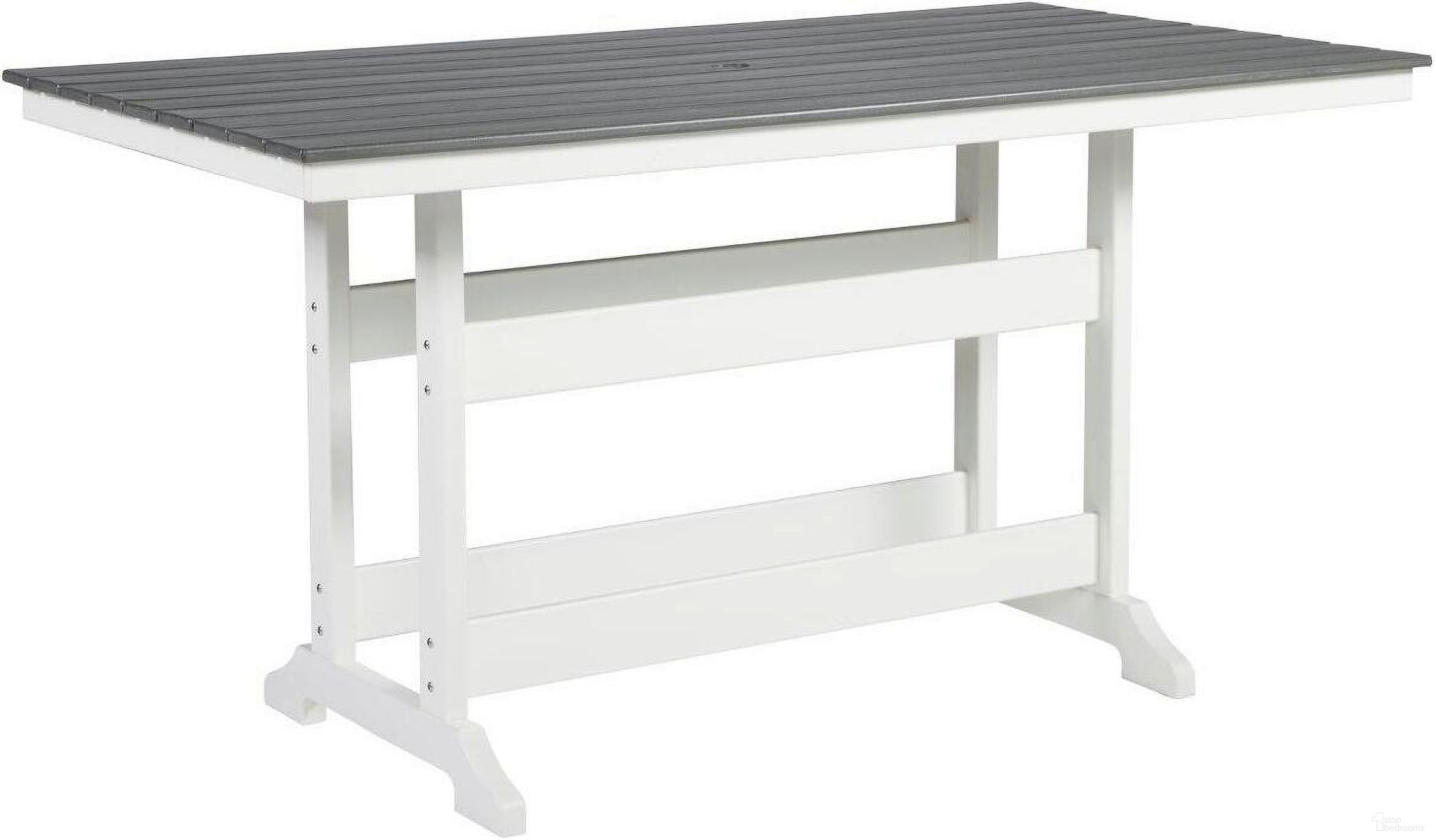 The appearance of Transville Grey And White Outdoor Counter Height Dining Table designed by Signature Design by Ashley in the transitional interior design. This gray and white piece of furniture was selected by 1StopBedrooms from Transville Collection to add a touch of cosiness and style into your home. Sku: P210-642. Table Top Shape: Rectangular. Material: Polyethylene.