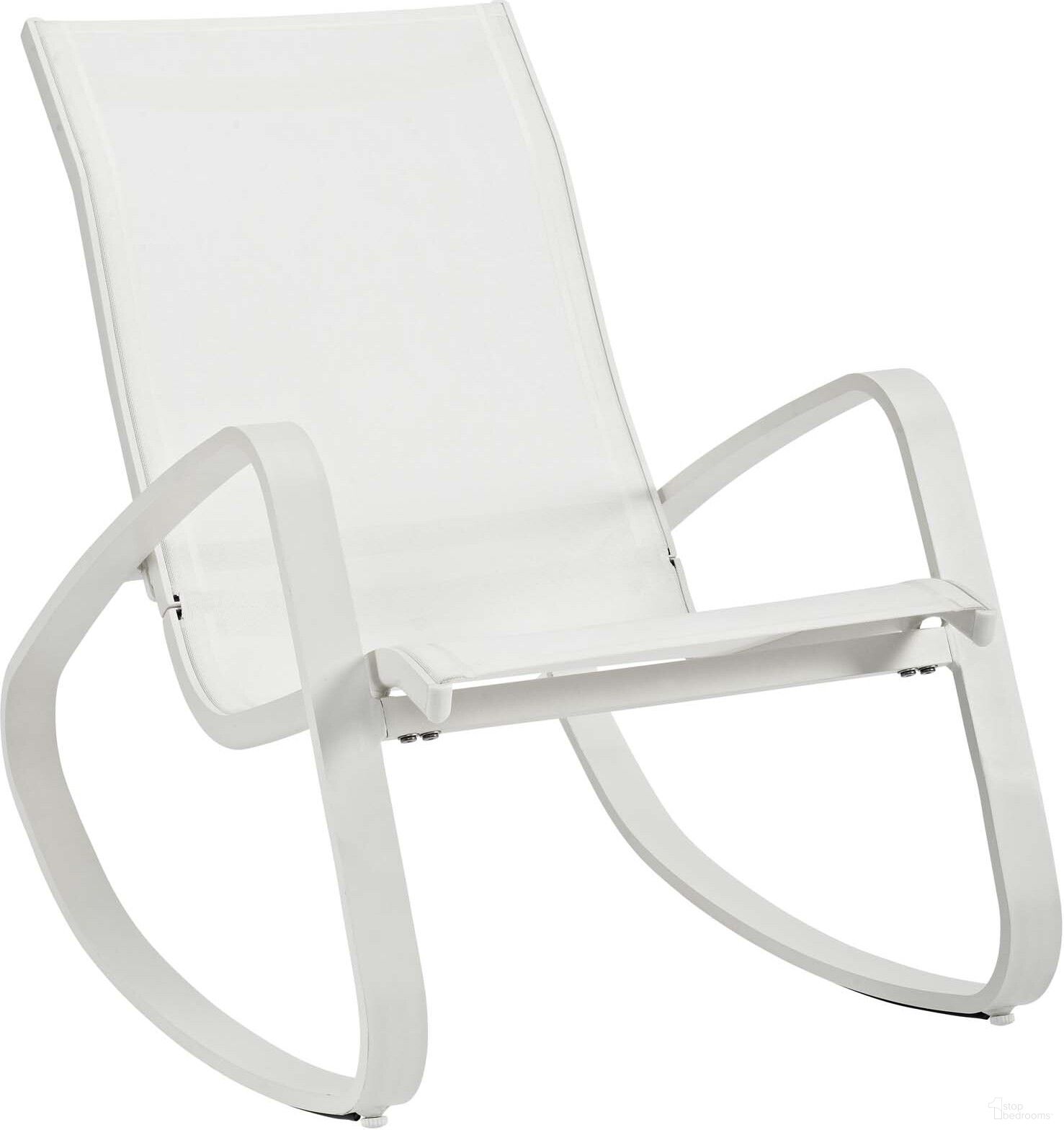 The appearance of Traveler White Rocking Outdoor Patio Mesh Sling Lounge Chair designed by Modway in the modern / contemporary interior design. This white piece of furniture was selected by 1StopBedrooms from Traveler Collection to add a touch of cosiness and style into your home. Sku: EEI-3027-WHI-WHI. Material: Aluminum.