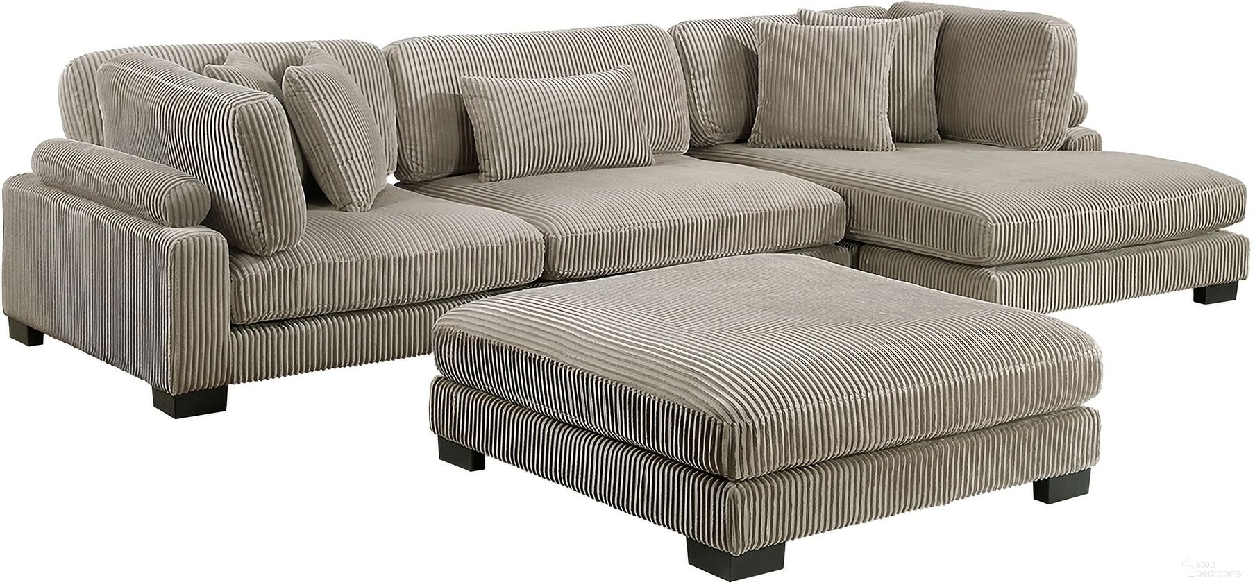 The appearance of Traverse 4-Piece Modular Sectional with Reversible Chaise and Ottoman In Light Gray designed by Homelegance in the modern / contemporary interior design. This light gray piece of furniture was selected by 1StopBedrooms from Traverse Collection to add a touch of cosiness and style into your home. Sku: 8555GB-CR;8555GB-AC;8555GB-VC;8555GB-4. Material: Corduroy.