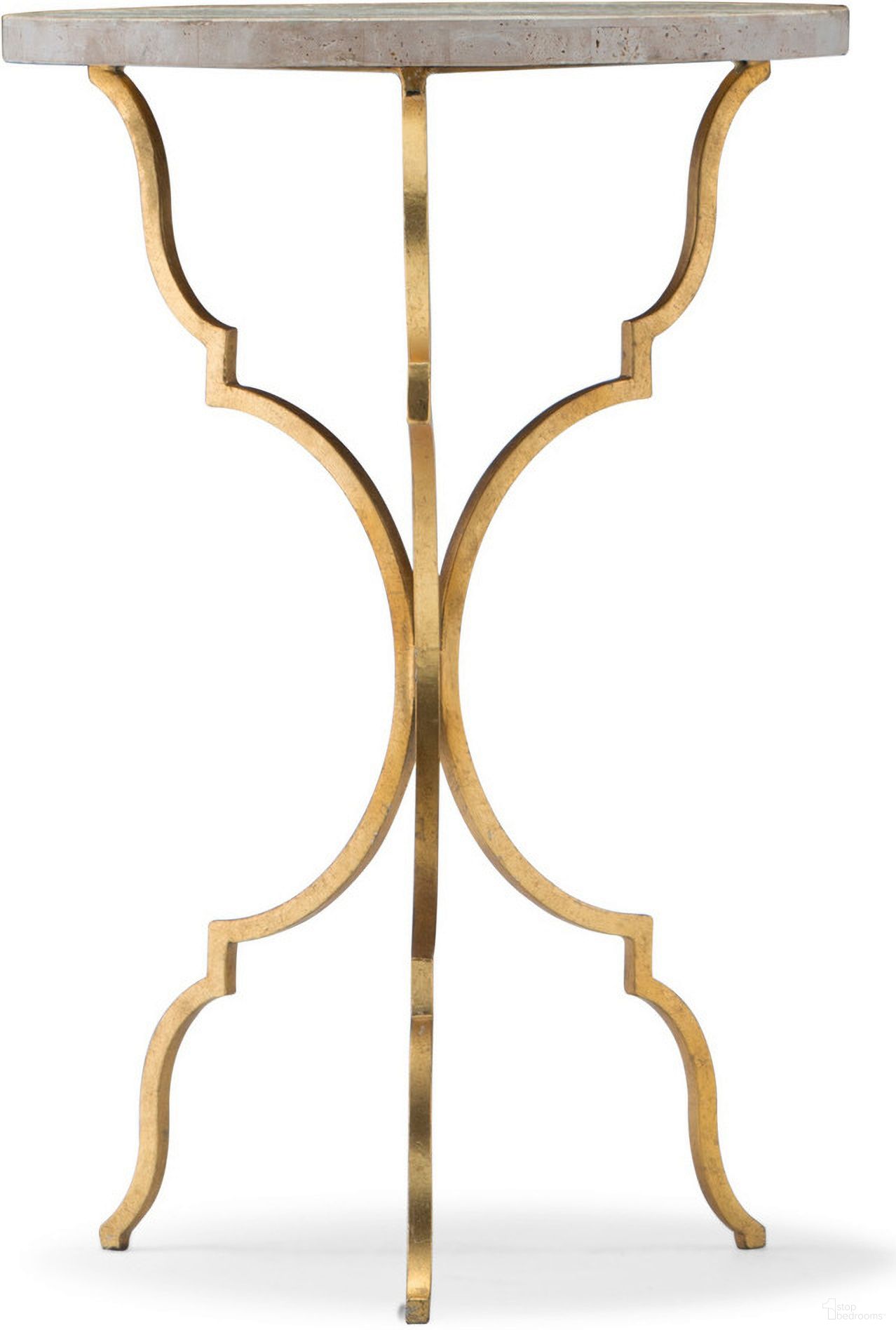 The appearance of Commerce and Market Travertine Top Round Martini Table designed by Hooker in the traditional interior design. This gold piece of furniture  was selected by 1StopBedrooms from Commerce and Market Collection to add a touch of cosiness and style into your home. Sku: 5540-50001-GLD. Material: Iron.