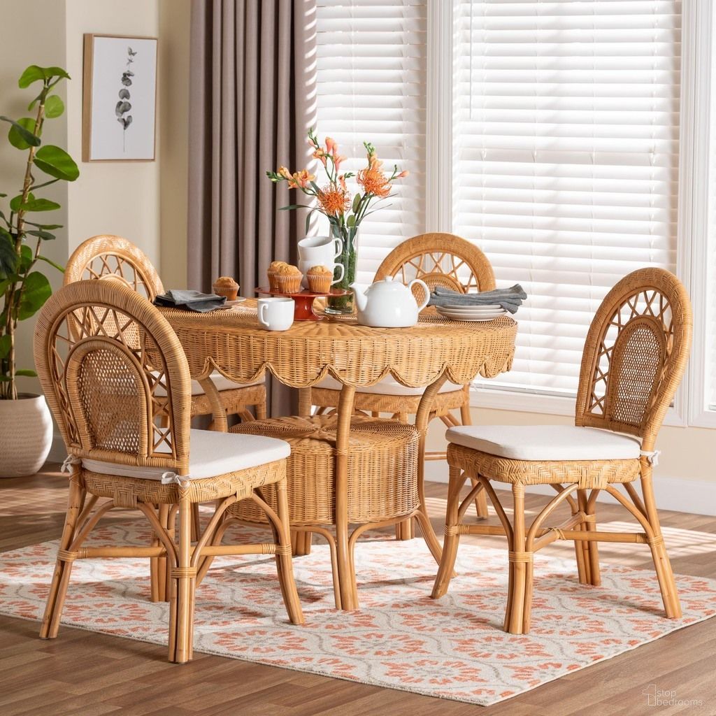 Travis 5-Piece Handwoven Rattan Round Dining Room Set In Light Honey