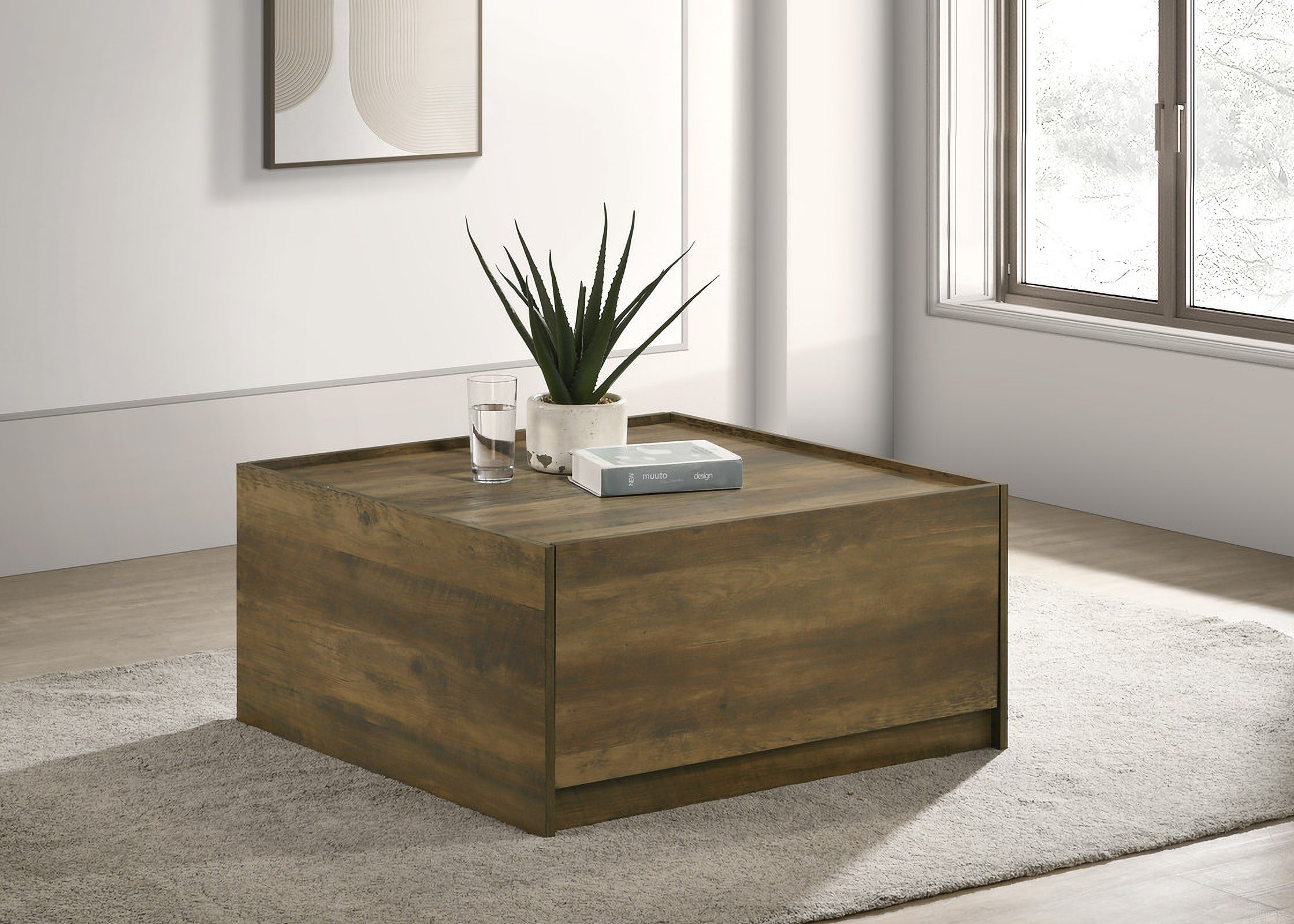 Travon 31.5 Inch Square Coffee Table with 2 Drawers In Oak