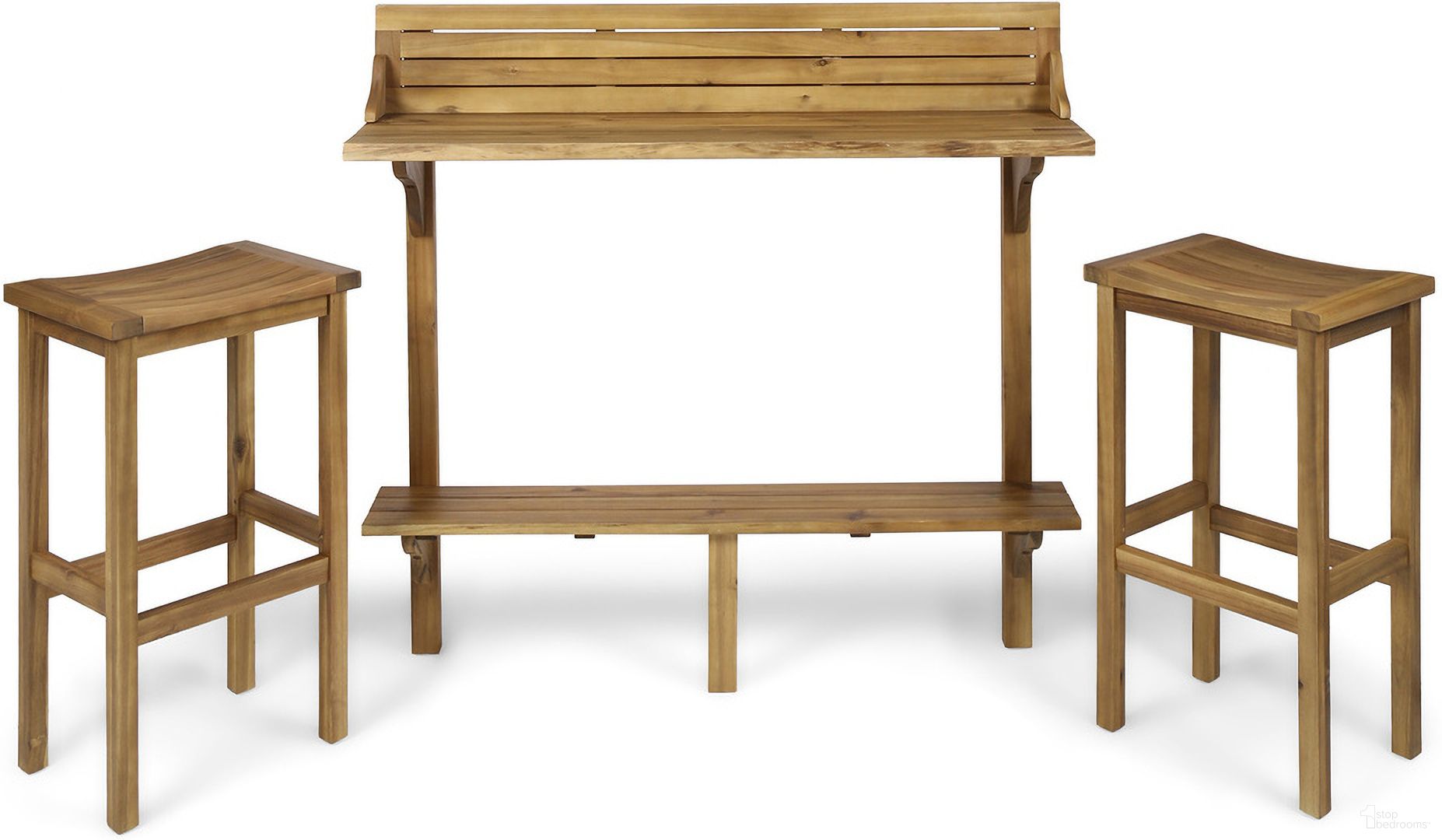 The appearance of Treasured 3-Piece Balcony Bar Set with Bottom Shelf Table and 2 Stools In Natural designed by Noble House in the coastal interior design. This natural piece of furniture  was selected by 1StopBedrooms from Treasured Collection to add a touch of cosiness and style into your home. Sku: 62980.00. Material: Wood.
