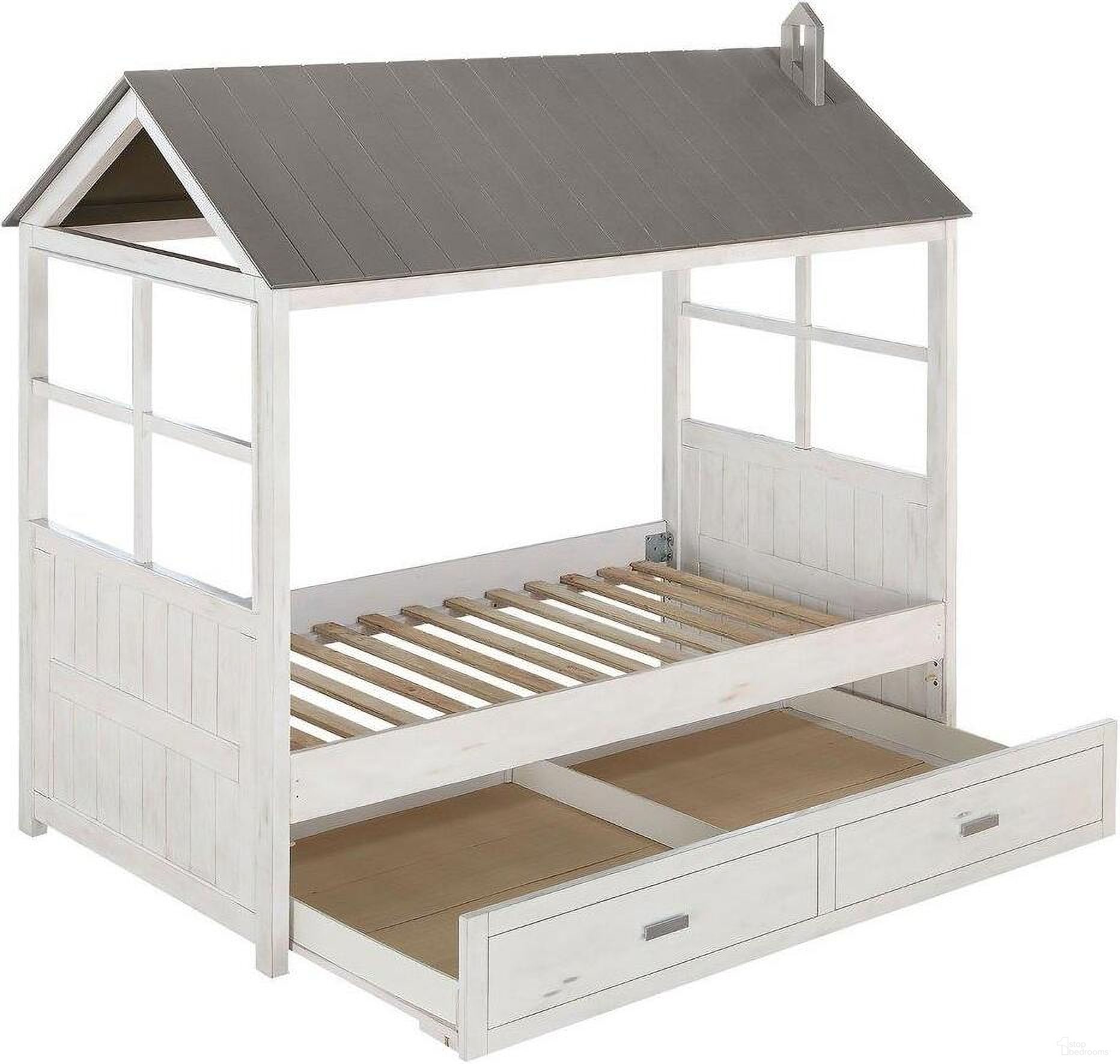 The appearance of Tree House II Twin Bed In Weathered White And Washed Gray designed by ACME in the country / farmhouse interior design. This weathered white piece of furniture  was selected by 1StopBedrooms from Tree House Ii Collection to add a touch of cosiness and style into your home. Sku: 37170T-HF;37171T-RL;37172T-TOP. Material: Wood. Bed Size: Twin. Bed Type: Loft Bed.