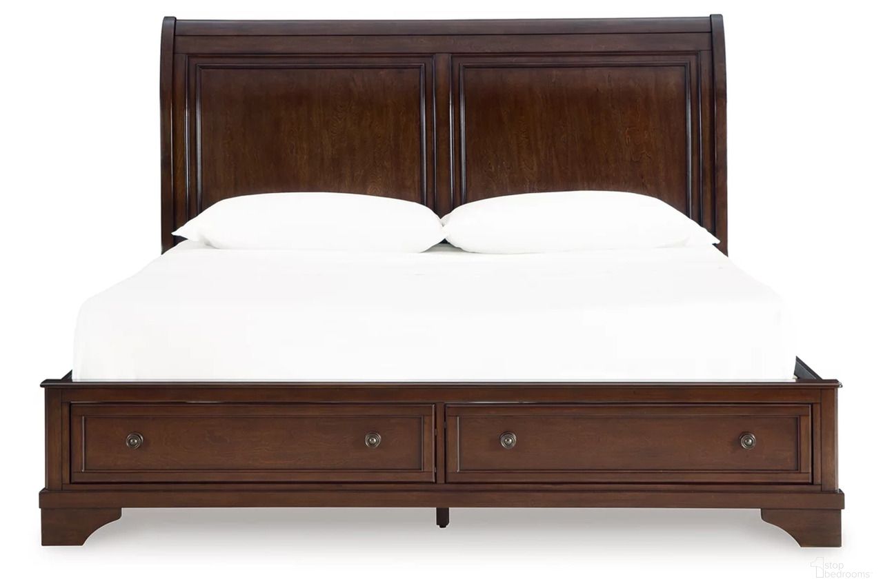 The appearance of Trellington King Sleigh Storage Bed In Brown designed by Signature Design by Ashley in the traditional interior design. This brown piece of furniture was selected by 1StopBedrooms from Trellington Collection to add a touch of cosiness and style into your home. Sku: B716-176S;B716-197;B716-78. Bed Type: Storage Bed. Material: Wood. Bed Size: King.