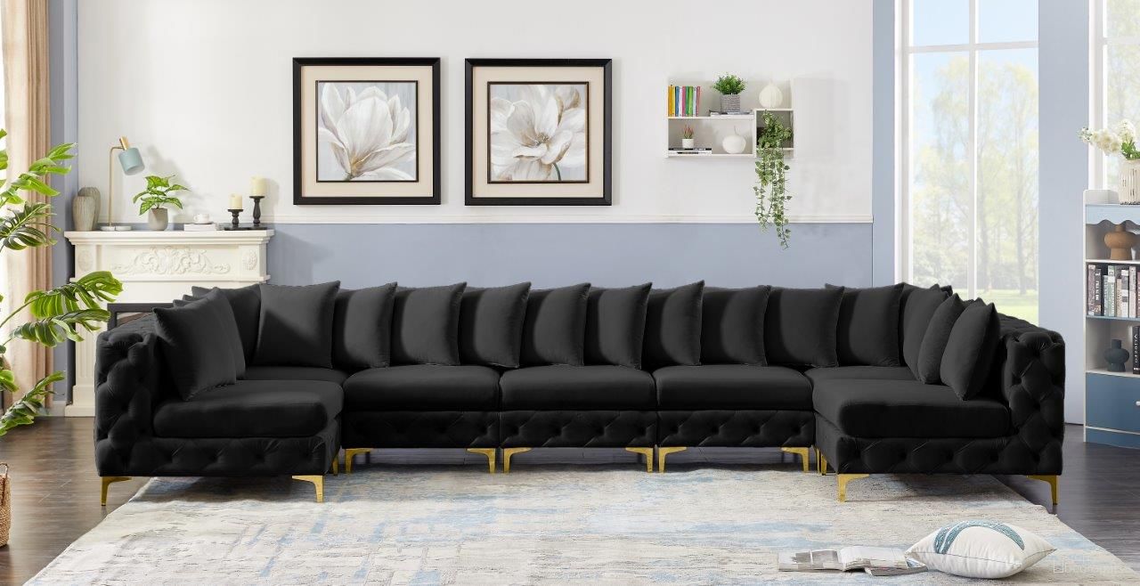 The appearance of Tremblay Velvet 7 Piece Modular Sectional In Black designed by Meridian in the modern / contemporary interior design. This black piece of furniture  was selected by 1StopBedrooms from Tremblay Collection to add a touch of cosiness and style into your home. Sku: 686Black-Corner;686Black-Corner;686Black-Armless;686Black-Armless;686Black-Armless;686Black-Armless;686Black-Armless. Material: Velvet. Layout: U-Shape.
