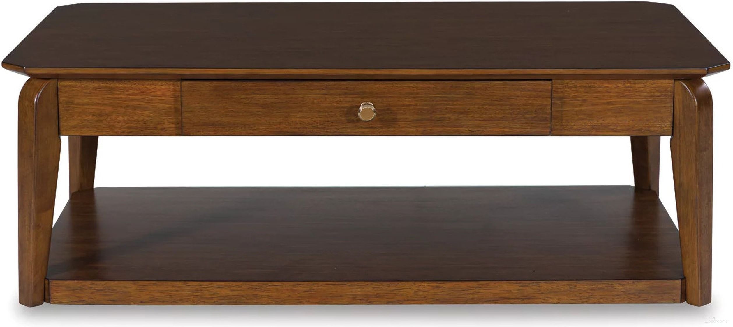 The appearance of Trenmour Coffee Table In Medium Brown designed by Signature Design by Ashley in the transitional interior design. This medium brown piece of furniture was selected by 1StopBedrooms from Trenmour Collection to add a touch of cosiness and style into your home. Sku: T596-1. Material: Wood.
