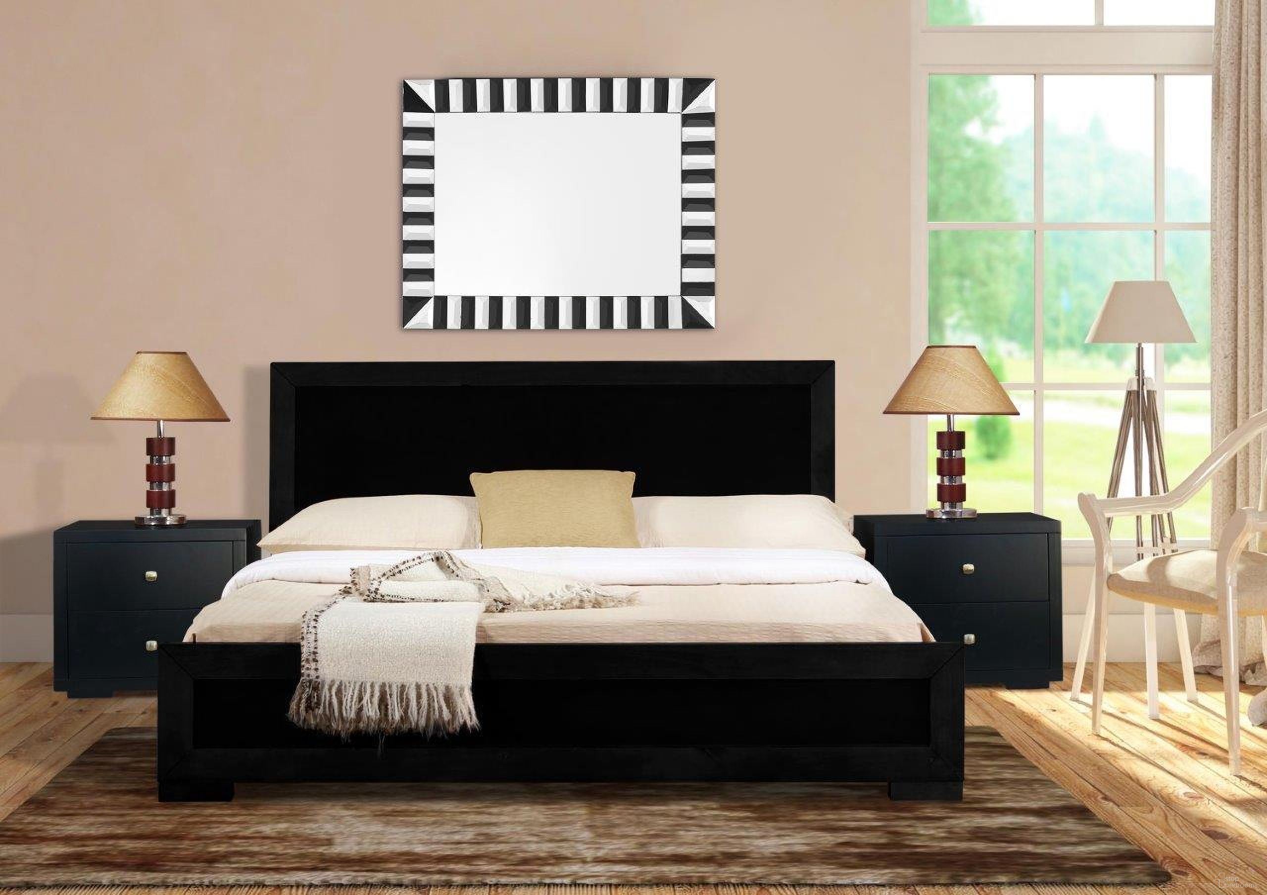 The appearance of Trent Wooden King Platform Bed in Black with 2 Nightstands designed by Camden Isle Furniture in the modern / contemporary interior design. This black piece of furniture was selected by 1StopBedrooms from Trent Collection to add a touch of cosiness and style into your home. Sku: 312133. Bed Type: Platform Bed. Material: Wood. Bed Size: King.