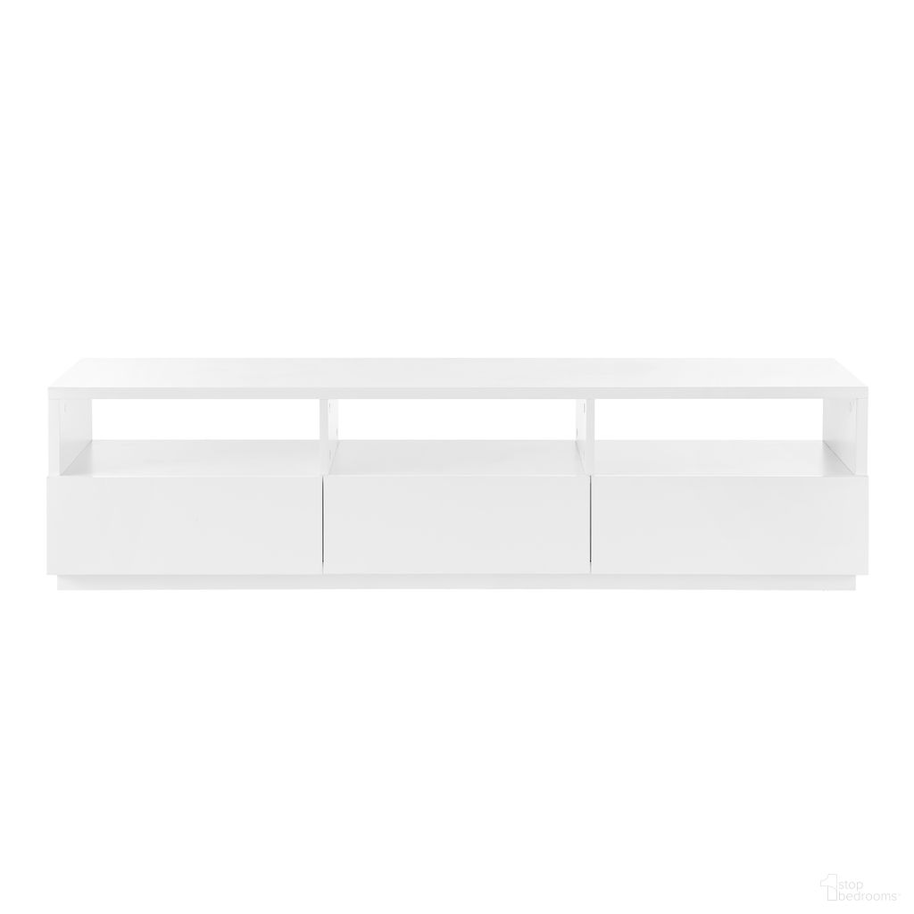 The appearance of Tresero 70 Inch Media Stand In High Gloss White designed by Euro Style in the modern / contemporary interior design. This white high gloss piece of furniture  was selected by 1StopBedrooms from Tresero Collection to add a touch of cosiness and style into your home. Sku: 90643WHT-A;90643WHT-B. Material: MDF.