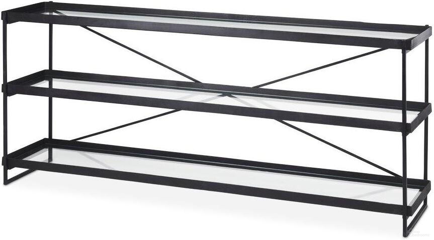 The appearance of Trey Black Metal With Glass Console Table designed by Mercana in the modern / contemporary interior design. This black piece of furniture  was selected by 1StopBedrooms from Trey Collection to add a touch of cosiness and style into your home. Sku: 69785. Material: Metal.