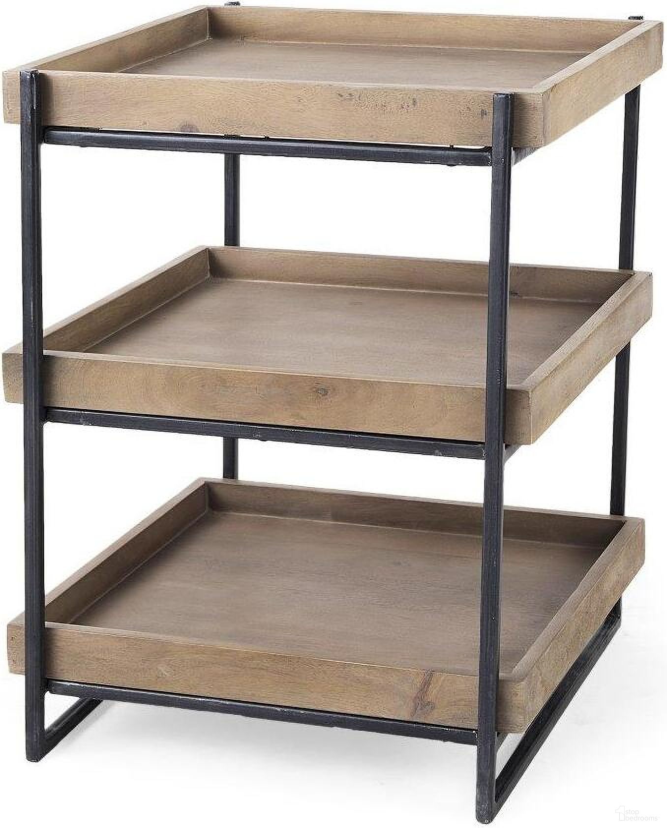 The appearance of Trey Iii Square Medium Brown Wooden Three-Tiered Black Iron Frame Side Table designed by Mercana in the modern / contemporary interior design. This black and brown piece of furniture  was selected by 1StopBedrooms from Trey Collection to add a touch of cosiness and style into your home. Sku: 68219. Material: Wood.