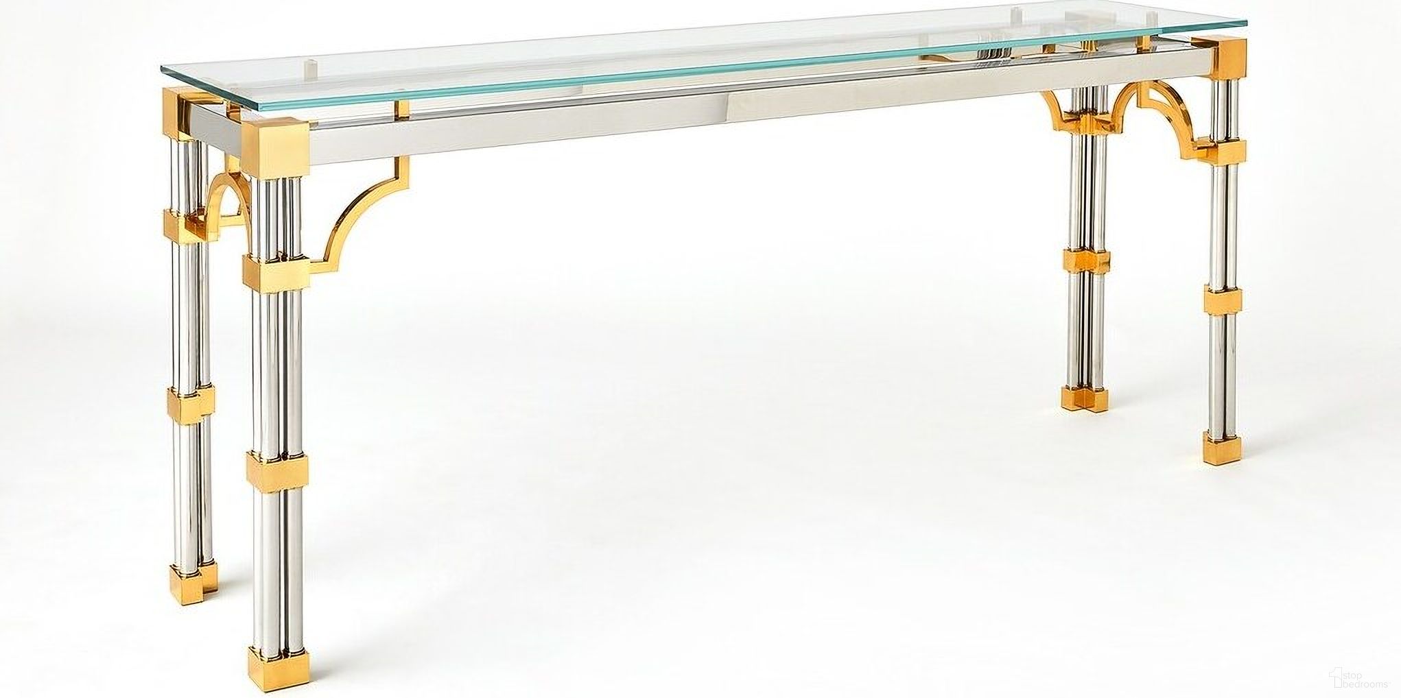 The appearance of Tri-Column Console Table In Clear designed by Global Views in the modern / contemporary interior design. This clear piece of furniture was selected by 1StopBedrooms from Tri-Column Collection to add a touch of cosiness and style into your home. Sku: 993921. Material: Brass.