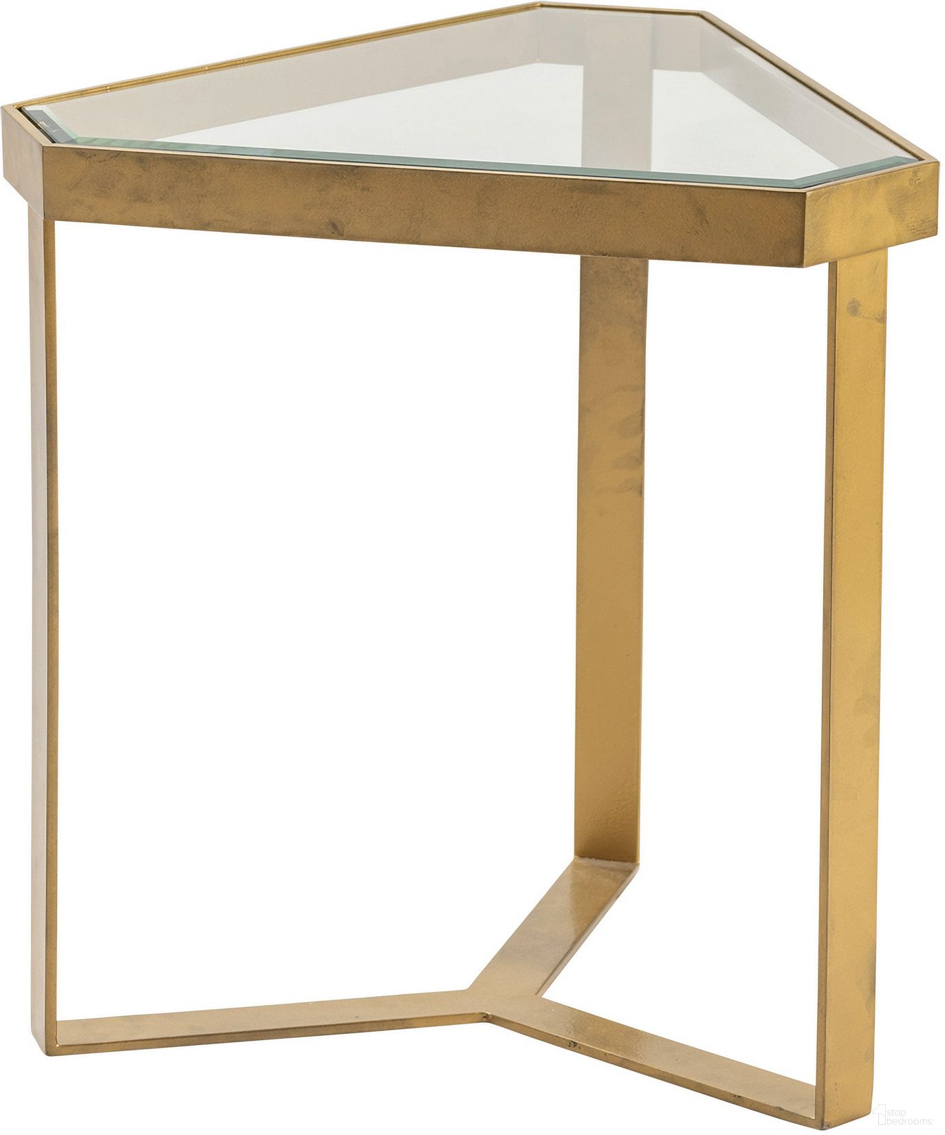 The appearance of Triangle Accent/End Table In Clear and Gold designed by Crestview Collection in the modern / contemporary interior design. This clear/gold piece of furniture  was selected by 1StopBedrooms from  to add a touch of cosiness and style into your home. Sku: CVFZR4002. Material: Metal.