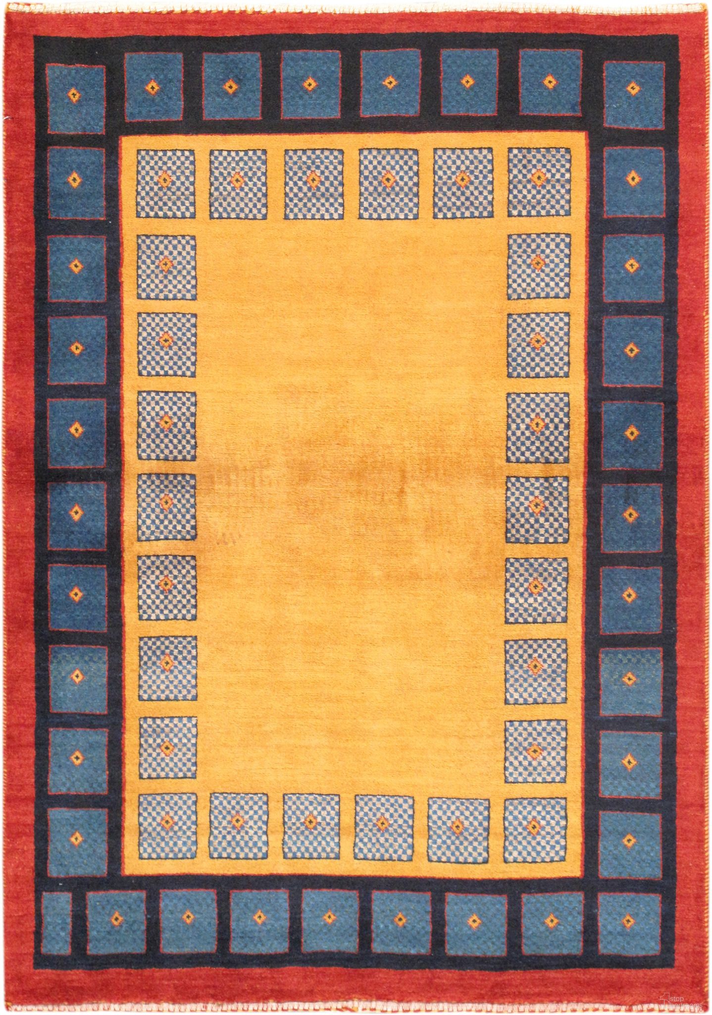 Tribal Collection Hand-Knotted Lamb's Wool Area Rug- 3' 5" x 4' 10" In Yellow and Navy