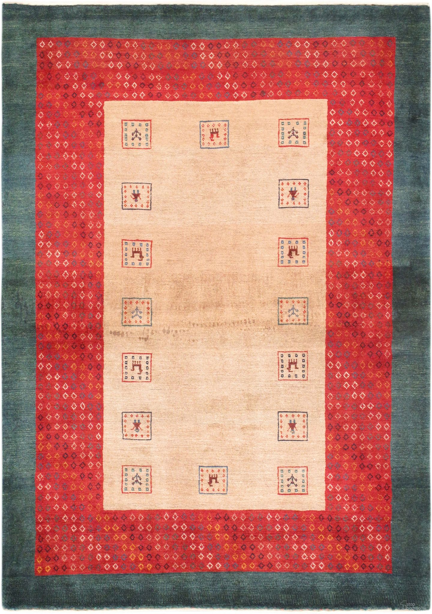 Tribal Collection Hand-Knotted Lamb's Wool Area Rug- 4' 3" x 5' 11" In Mocha and Red