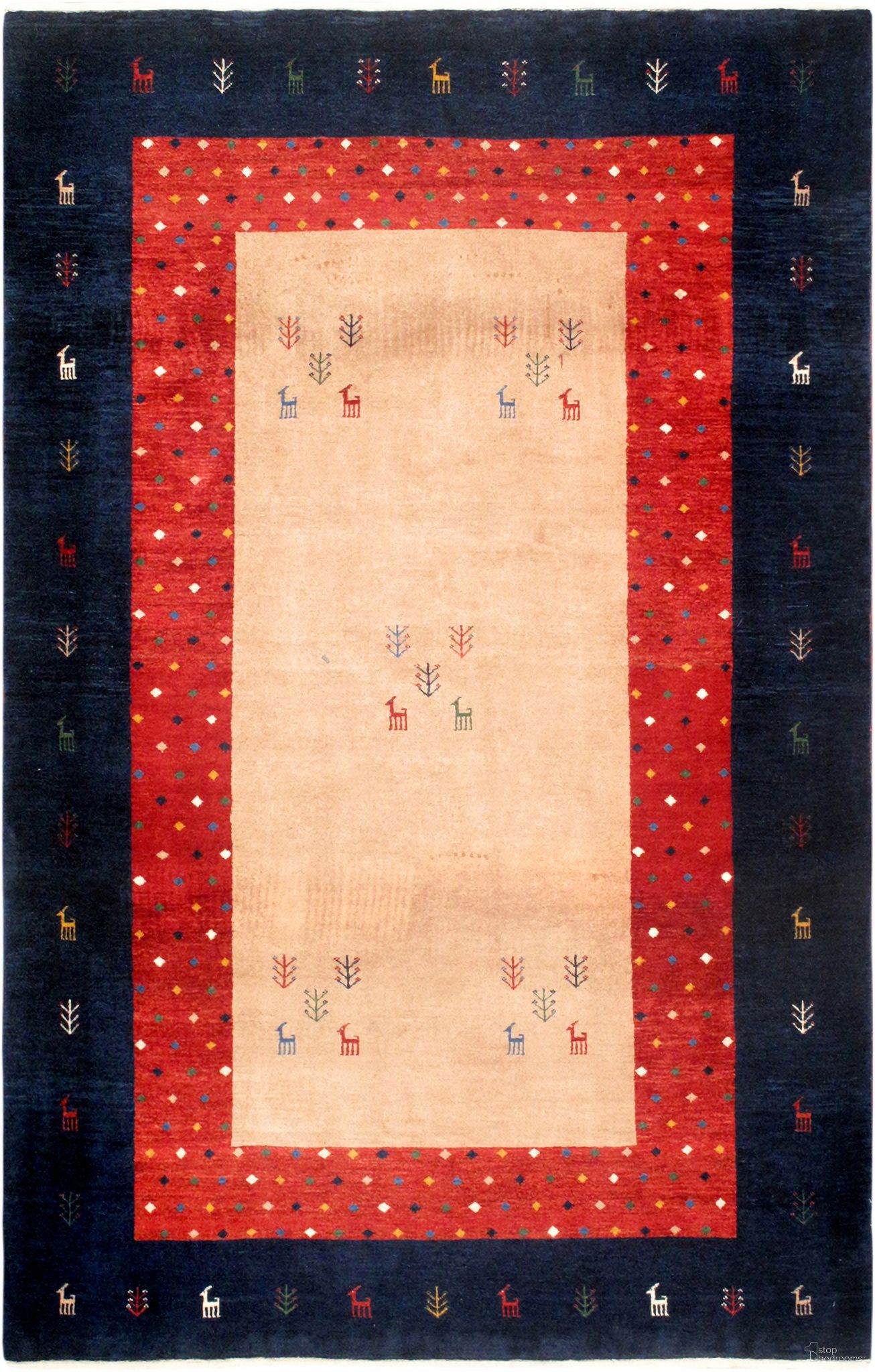 Tribal Collection Hand-Knotted Lamb's Wool Area Rug- 4' 4" x 7' In Beige and Navy