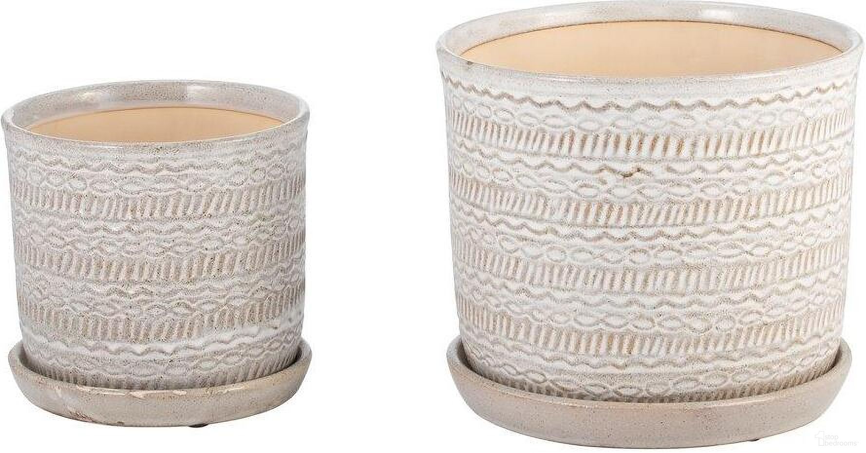 Tribal Planter With Saucer Set of 2 In Beige