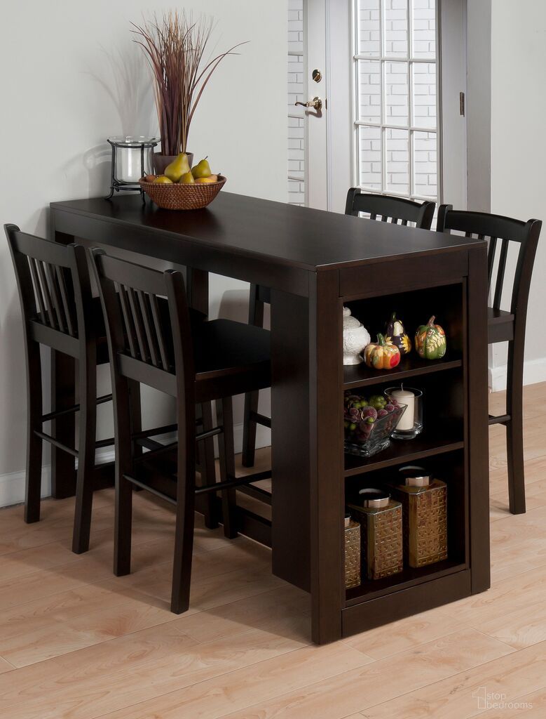 The appearance of Tribeca 5 Piece Counter Height 48 Inch Dining Room Set with Cross Back Barstools and Storage In Merlot designed by Jofran in the modern / contemporary interior design. This merlot piece of furniture  was selected by 1StopBedrooms from Tribeca Collection to add a touch of cosiness and style into your home. Sku: 810EC-48;810EC-BS293KD;810EC-BS293KD. Table Base Style: Trestle. Material: MDF. Table Top Shape: Rectangular.