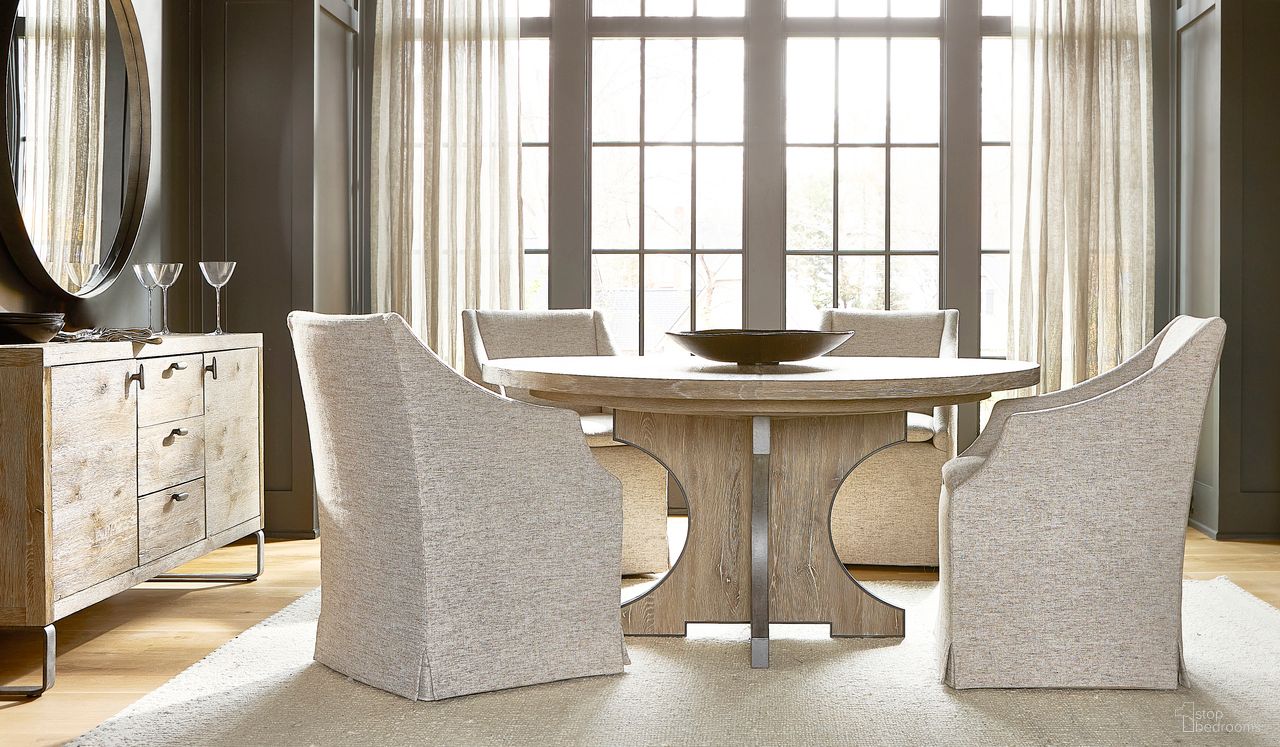 The appearance of Tribeca Round Dining Set In Aurum and Beige designed by Bernhardt in the transitional interior design. This aurum piece of furniture  was selected by 1StopBedrooms from Tribeca Collection to add a touch of cosiness and style into your home. Sku: 333272;333274;333546. Table Top Shape: Round. Material: Metal. Size: 60".
