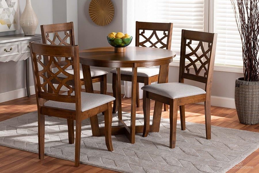 Tricia Modern and Contemporary Grey Fabric Upholstered and Walnut Brown Finished Wood 5-Piece Dining Set