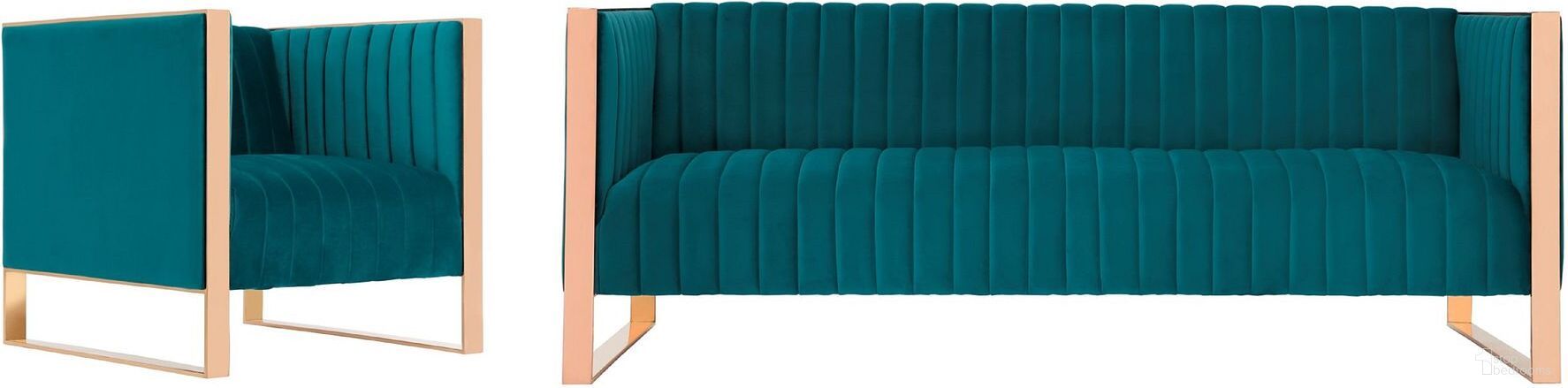 The appearance of Trillium Sofa and Armchair in Teal and Rose Gold 2-SS559-TL designed by Manhattan Comfort in the transitional interior design. This teal piece of furniture was selected by 1StopBedrooms from Trillium Collection to add a touch of cosiness and style into your home. Sku: SF009-TL;AC055-TL. Material: Wood.
