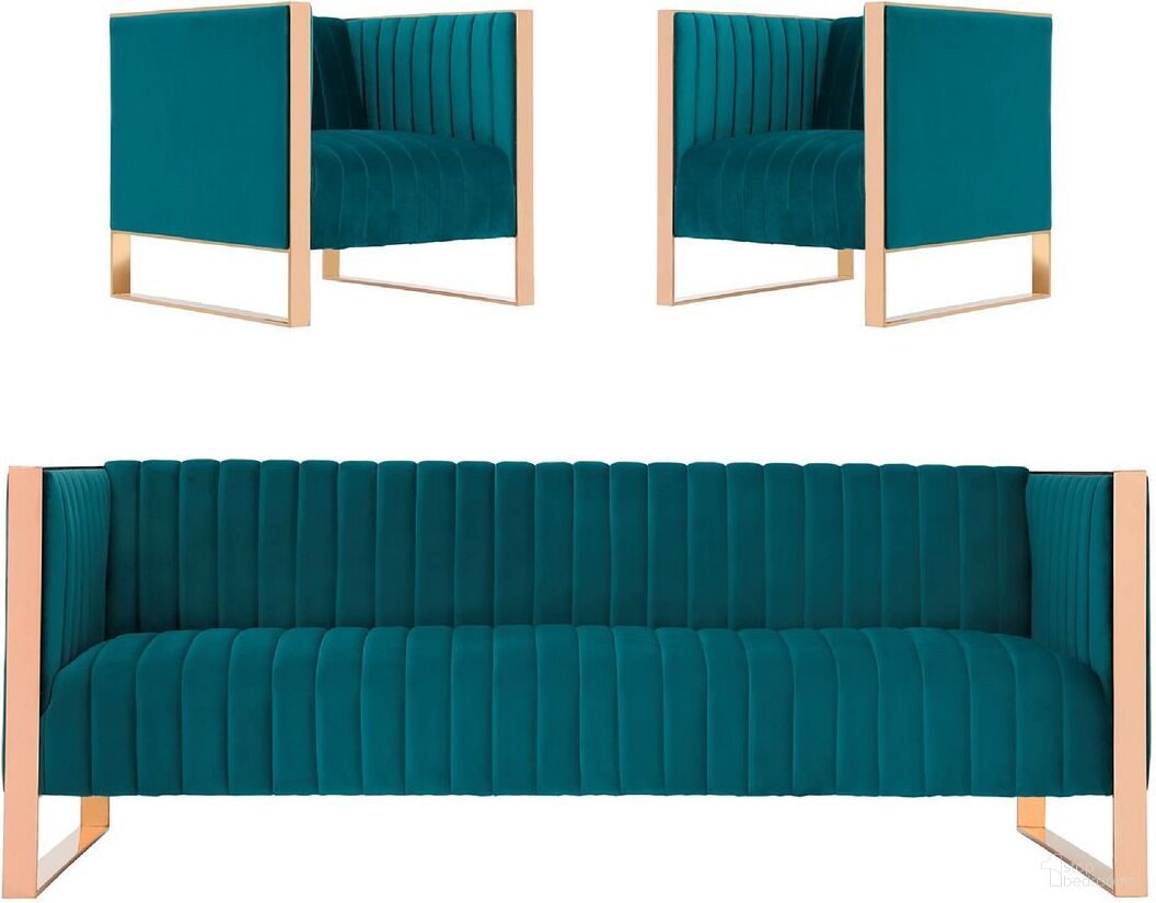 The appearance of Trillium Sofa and Armchair in Teal and Rose Gold 3A-SS559-TL designed by Manhattan Comfort in the transitional interior design. This teal piece of furniture  was selected by 1StopBedrooms from Trillium Collection to add a touch of cosiness and style into your home. Sku: AC055-TL;AC055-TL;SF009-TL. Material: Wood.