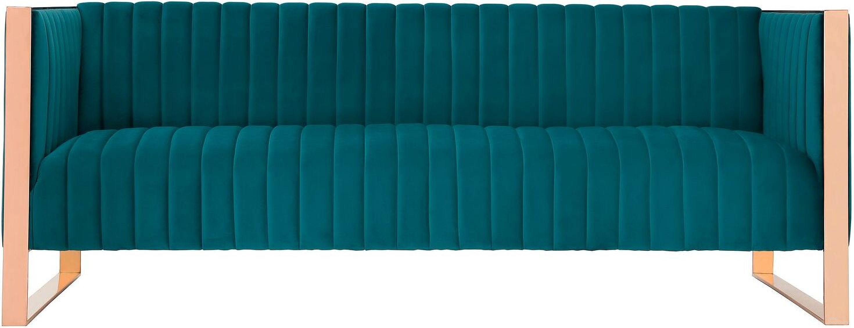 The appearance of Trillium Sofa in Aqua Blue and Rose Gold designed by Manhattan Comfort in the transitional interior design. This teal piece of furniture was selected by 1StopBedrooms from Trillium Collection to add a touch of cosiness and style into your home. Sku: SF009-TL. Material: Wood.