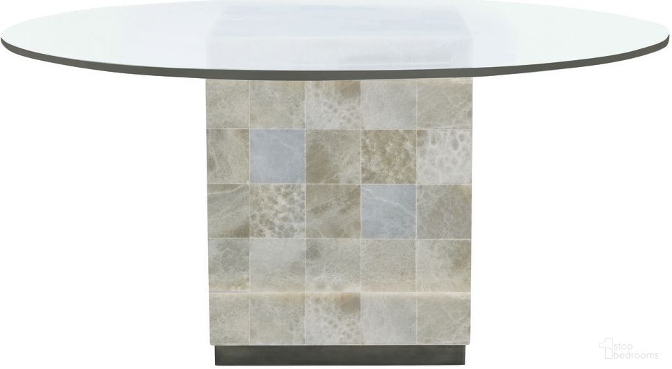 The appearance of Trimbelle Round Dining Table - 54" designed by Bernhardt in the transitional interior design. This white onyx/antique pewter piece of furniture  was selected by 1StopBedrooms from Trimbelle Collection to add a touch of cosiness and style into your home. Sku: 362775;998054P. Table Base Style: Pedestal. Table Top Shape: Round. Material: Glass. Size: 54".