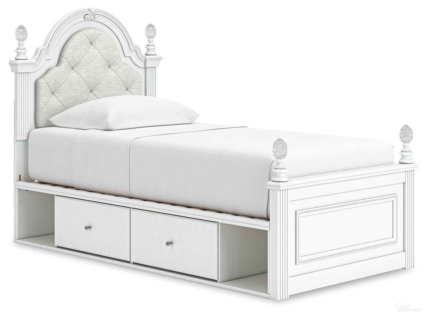 Trindura Twin Upholstered Panel Bed with Storage In White