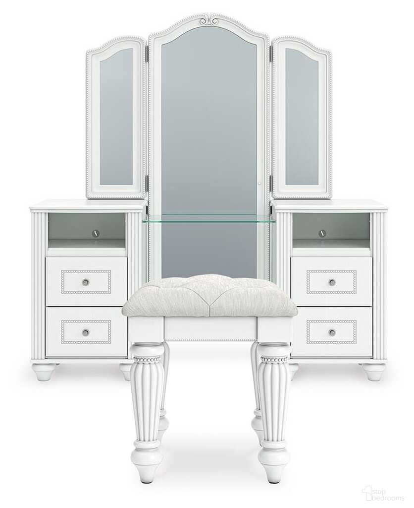 The appearance of Trindura Vanity Set In White designed by Signature Design by Ashley in the traditional interior design. This white piece of furniture was selected by 1StopBedrooms from Trindura Collection to add a touch of cosiness and style into your home. Sku: NCB1819-22;NCB1819-22;NCB1819-25;NCB1819-01. Material: Fabric.