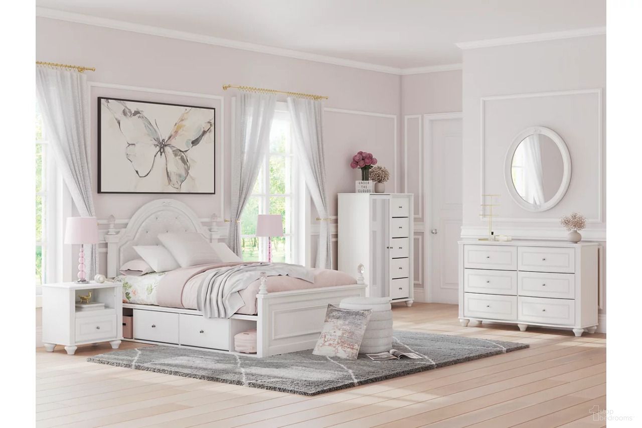 The appearance of Trindura Youth Upholstered Panel Bedroom Set In White designed by Signature Design by Ashley in the traditional interior design. This white piece of furniture  was selected by 1StopBedrooms from Trindura Collection to add a touch of cosiness and style into your home. Sku: NCB1819-153;NCB1819-52;NCB1819-83;NCB1819-91. Material: Wood. Bed Size: Full.
