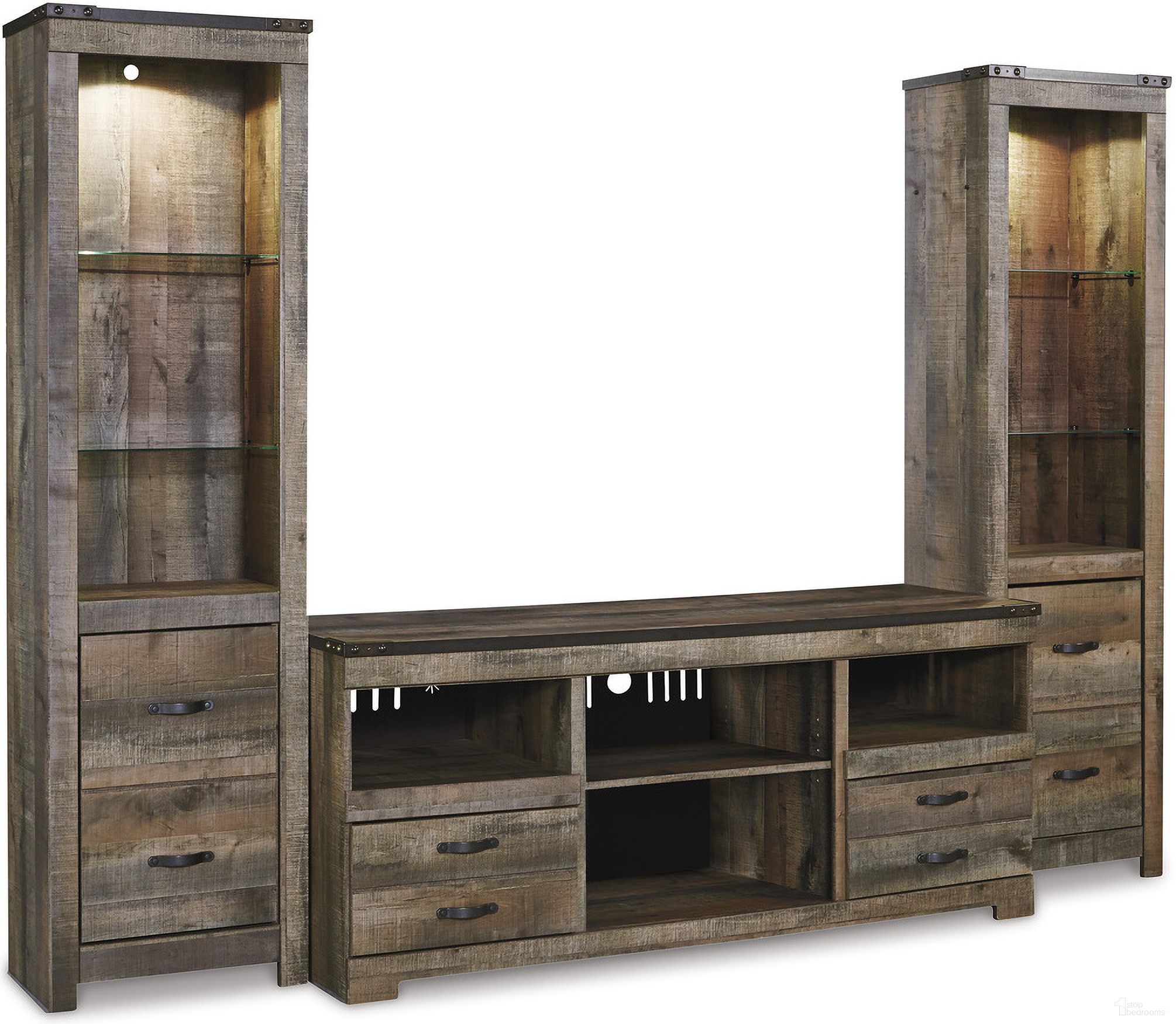 The appearance of Trinell 3-Piece Entertainment Center In Brown designed by Signature Design by Ashley in the transitional interior design. This brown piece of furniture  was selected by 1StopBedrooms from Trinell Collection to add a touch of cosiness and style into your home. Sku: W446-24;W446-24;W446-68. Material: Wood.
