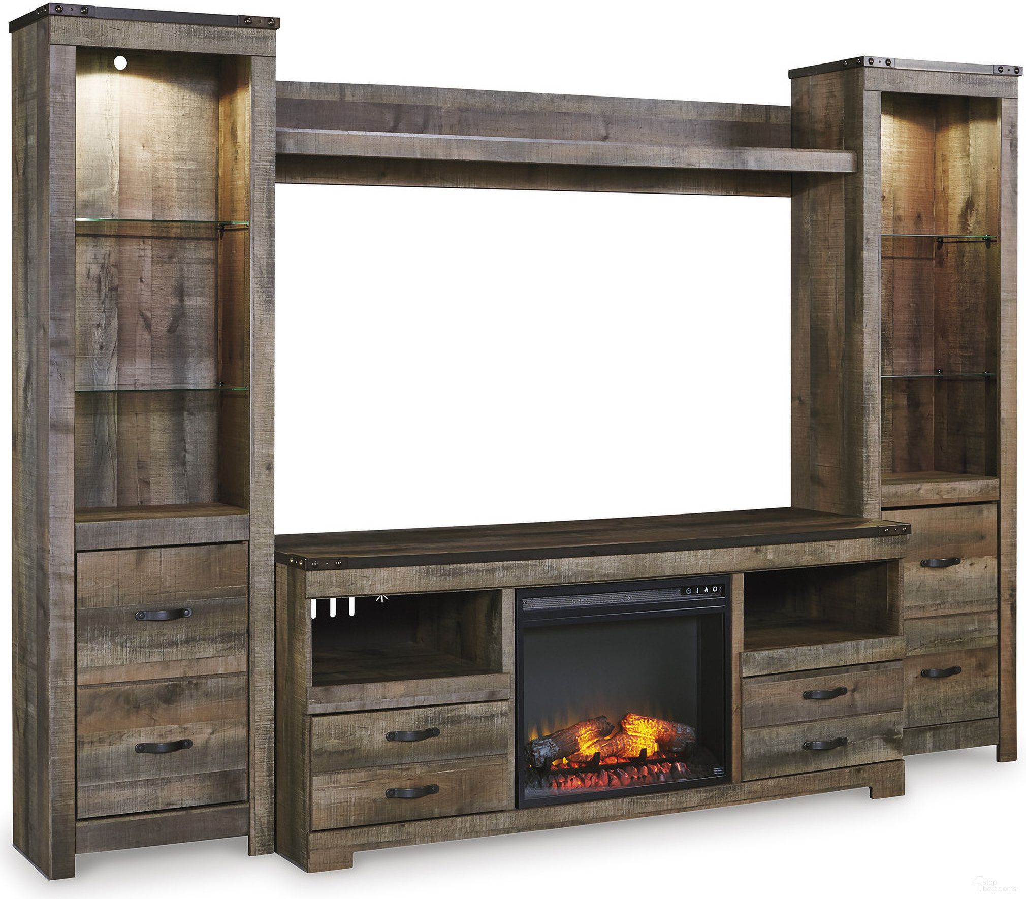The appearance of Trinell Brown 5 Piece Entertainment Wall Unit with Fireplace designed by Signature Design by Ashley in the transitional interior design. This brown piece of furniture was selected by 1StopBedrooms from Trinell Collection to add a touch of cosiness and style into your home. Sku: W446-24;W446-24;W446-27;W446-68;W100-101. Material: Glass.