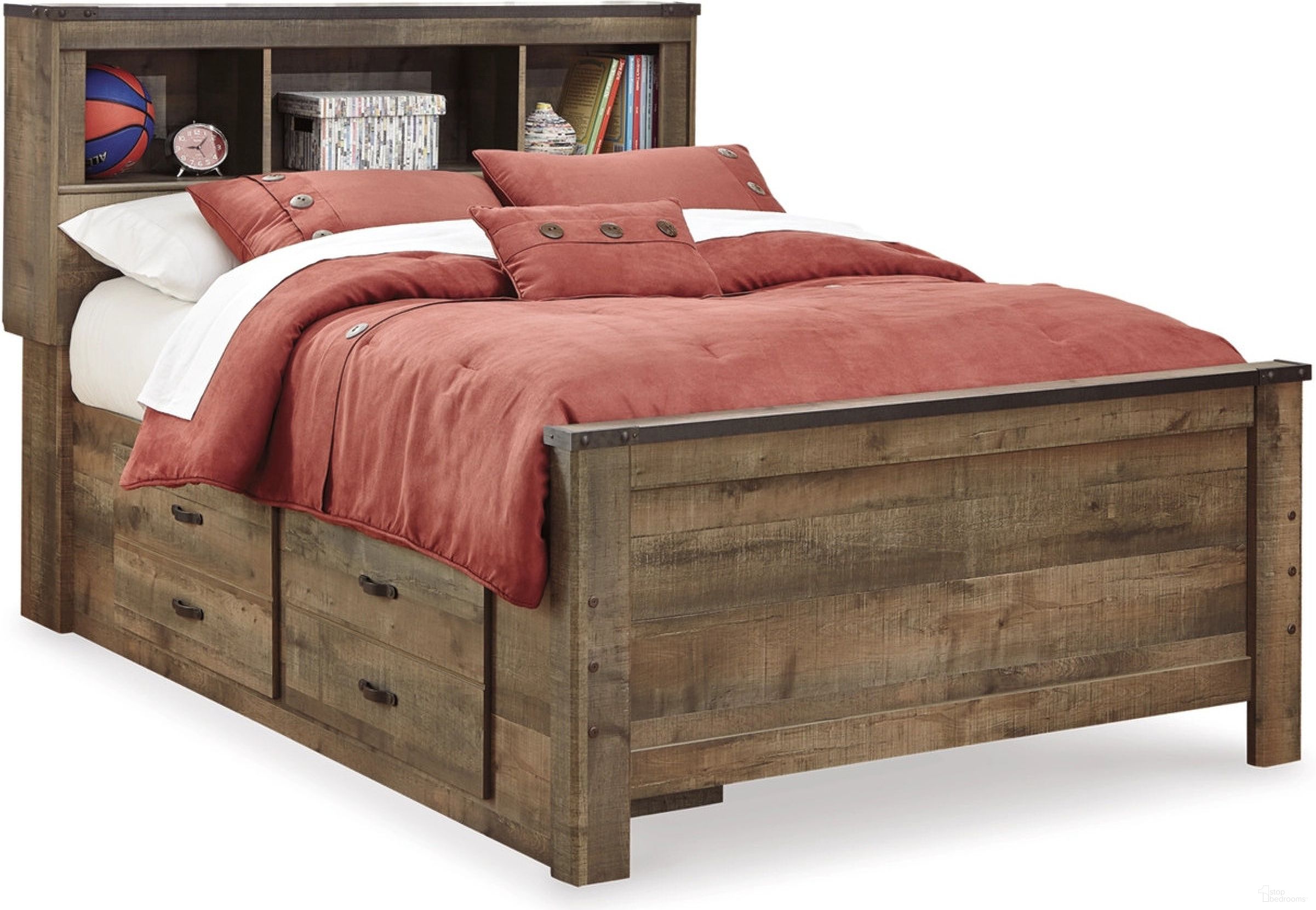The appearance of Trinell Brown Full Bookcase Storage Bed designed by Signature Design by Ashley in the transitional interior design. This brown piece of furniture was selected by 1StopBedrooms from Trinell Collection to add a touch of cosiness and style into your home. Sku: B446-65;B446-84;B446-50;B100-12. Bed Type: Storage Bed. Material: Wood. Bed Size: Full.