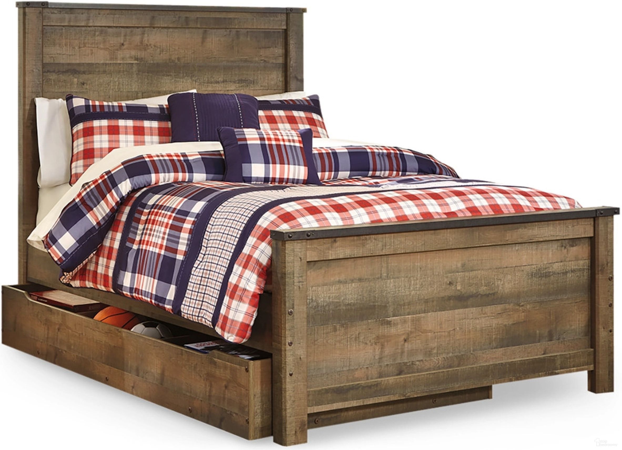 The appearance of Trinell Brown Full Panel Bed with Underbed Storage designed by Signature Design by Ashley in the transitional interior design. This brown piece of furniture  was selected by 1StopBedrooms from Trinell Collection to add a touch of cosiness and style into your home. Sku: B446-60;B446-84;B446-86;B446-87;B100-12. Bed Type: Panel Bed. Material: Wood. Bed Size: Full.