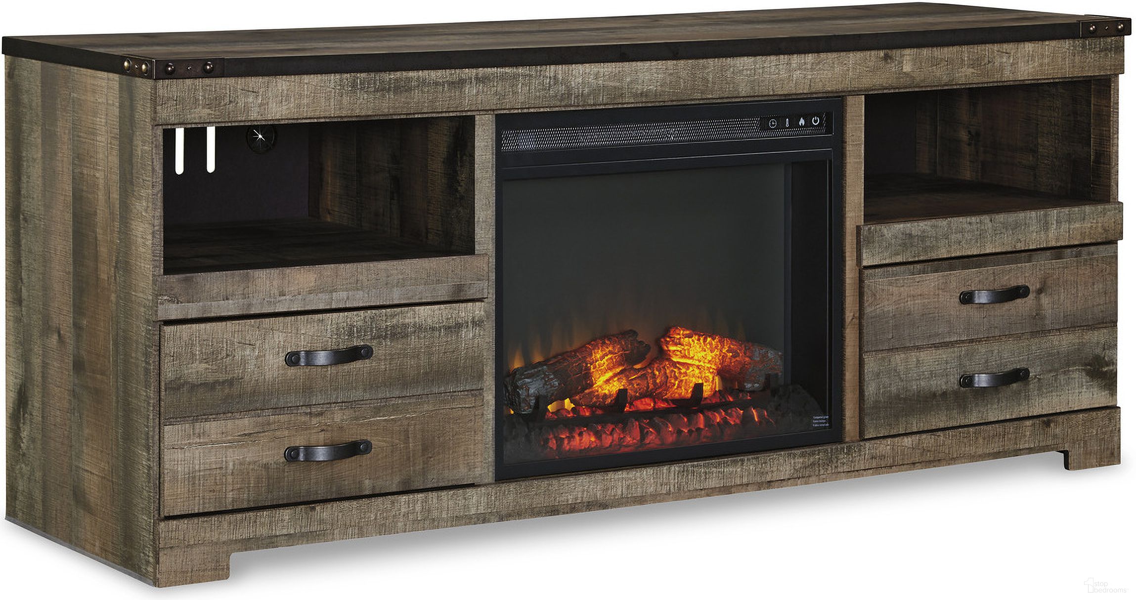 The appearance of Trinell Brown Lg TV Stand With Fireplace Insert designed by Signature Design by Ashley in the transitional interior design. This brown piece of furniture was selected by 1StopBedrooms from Trinell Collection to add a touch of cosiness and style into your home. Sku: W446-68;W100-101. Material: Glass.