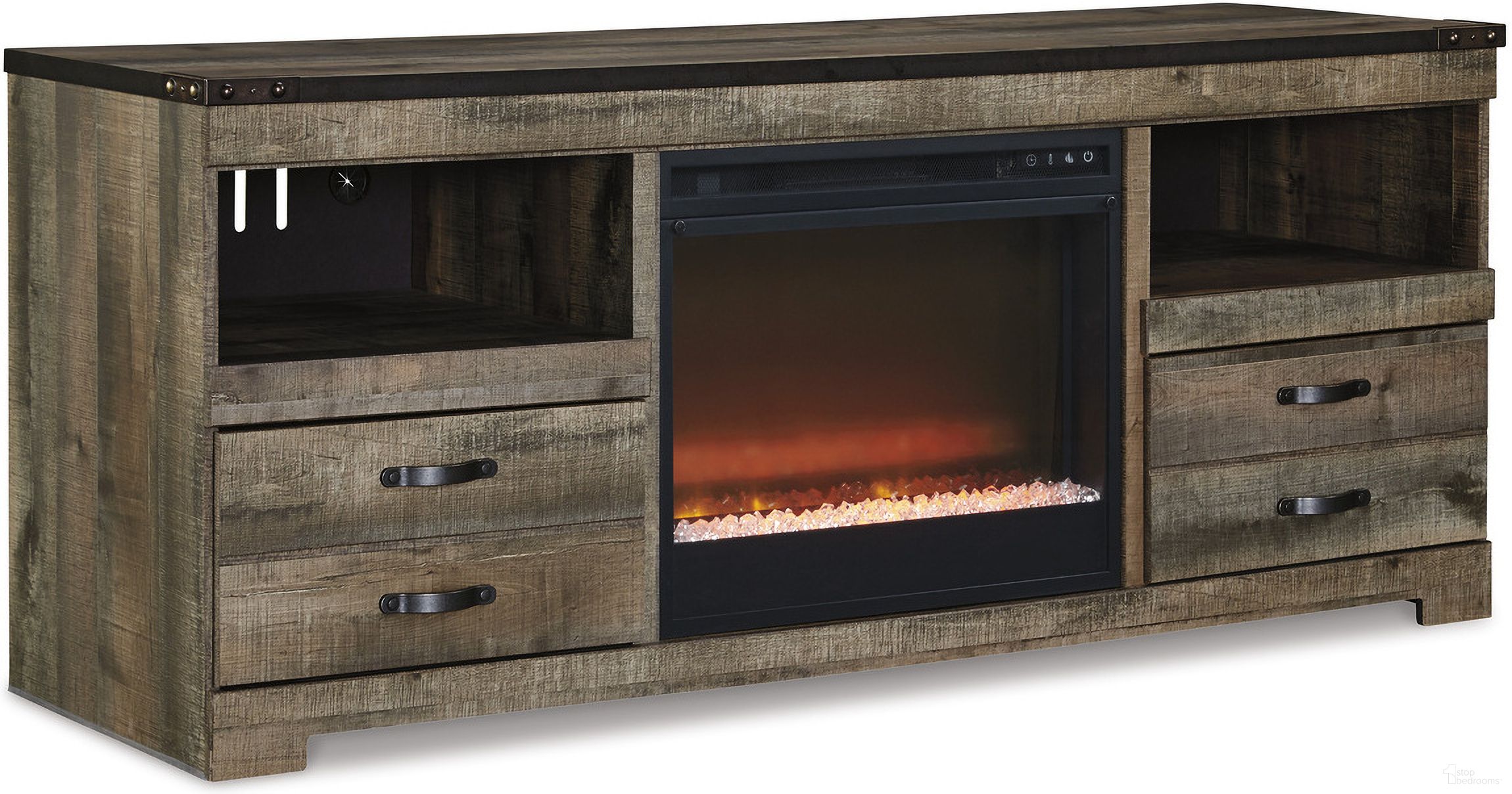 The appearance of Trinell Brown LG TV Stand With Glass/Stone Fireplace Insert designed by Signature Design by Ashley in the transitional interior design. This brown piece of furniture  was selected by 1StopBedrooms from Trinell Collection to add a touch of cosiness and style into your home. Sku: W446-68;W100-02. Material: Wood.
