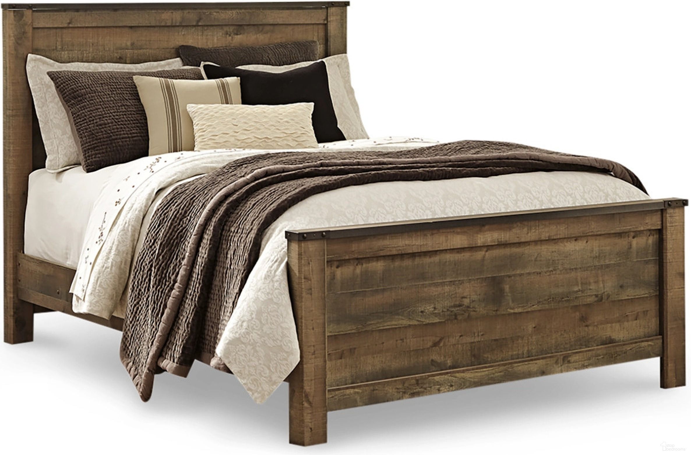 The appearance of Trinell Brown Queen Panel Bed designed by Signature Design by Ashley in the transitional interior design. This brown piece of furniture  was selected by 1StopBedrooms from Trinell Collection to add a touch of cosiness and style into your home. Sku: B446-54;B446-57;B446-96. Bed Type: Panel Bed. Material: Wood. Bed Size: Queen.