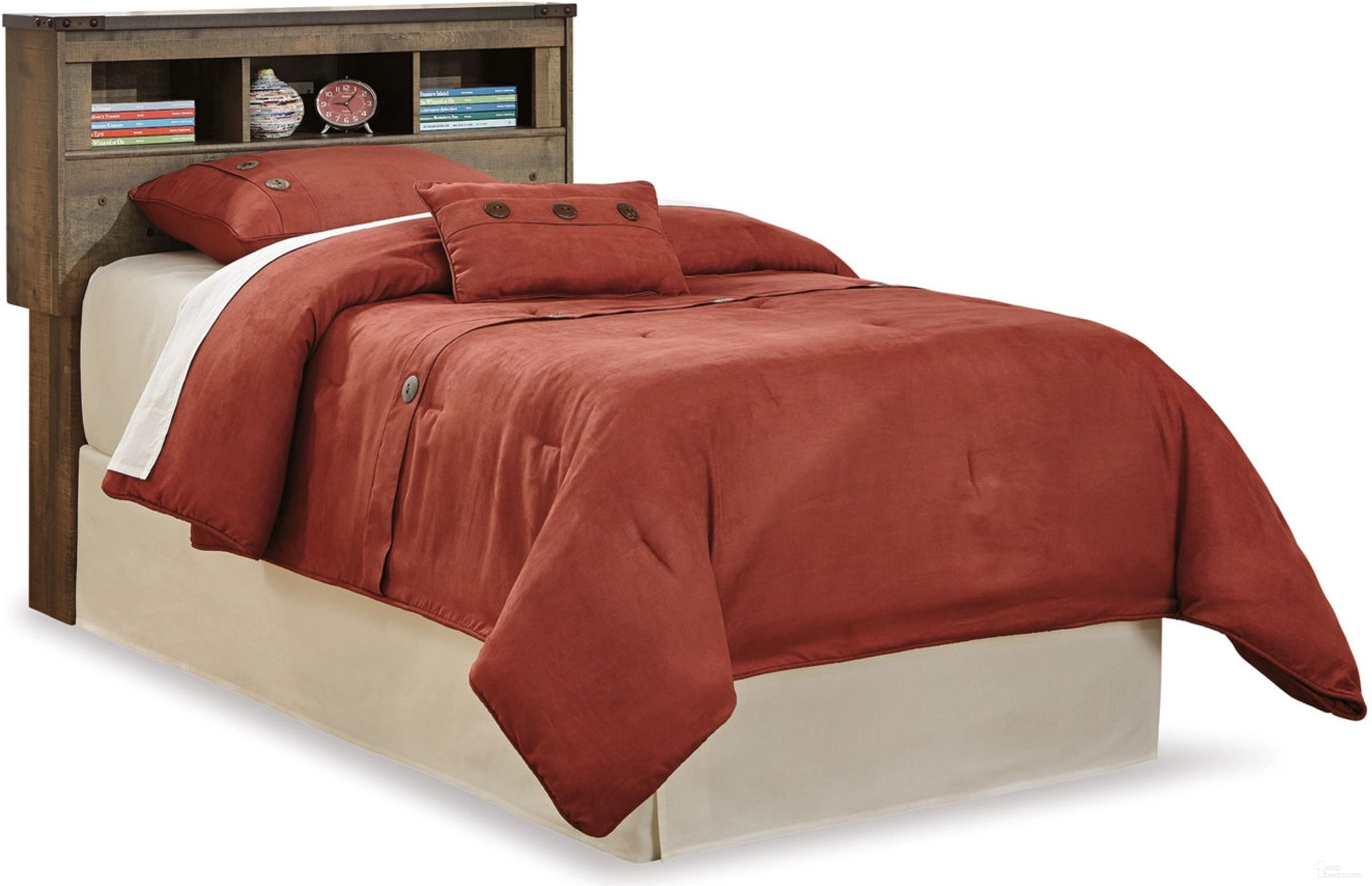 The appearance of Trinell Brown Twin Bookcase Headboard Only designed by Signature Design by Ashley in the transitional interior design. This brown piece of furniture  was selected by 1StopBedrooms from Trinell Collection to add a touch of cosiness and style into your home. Sku: B446-63. Material: Wood. Bed Size: Twin.