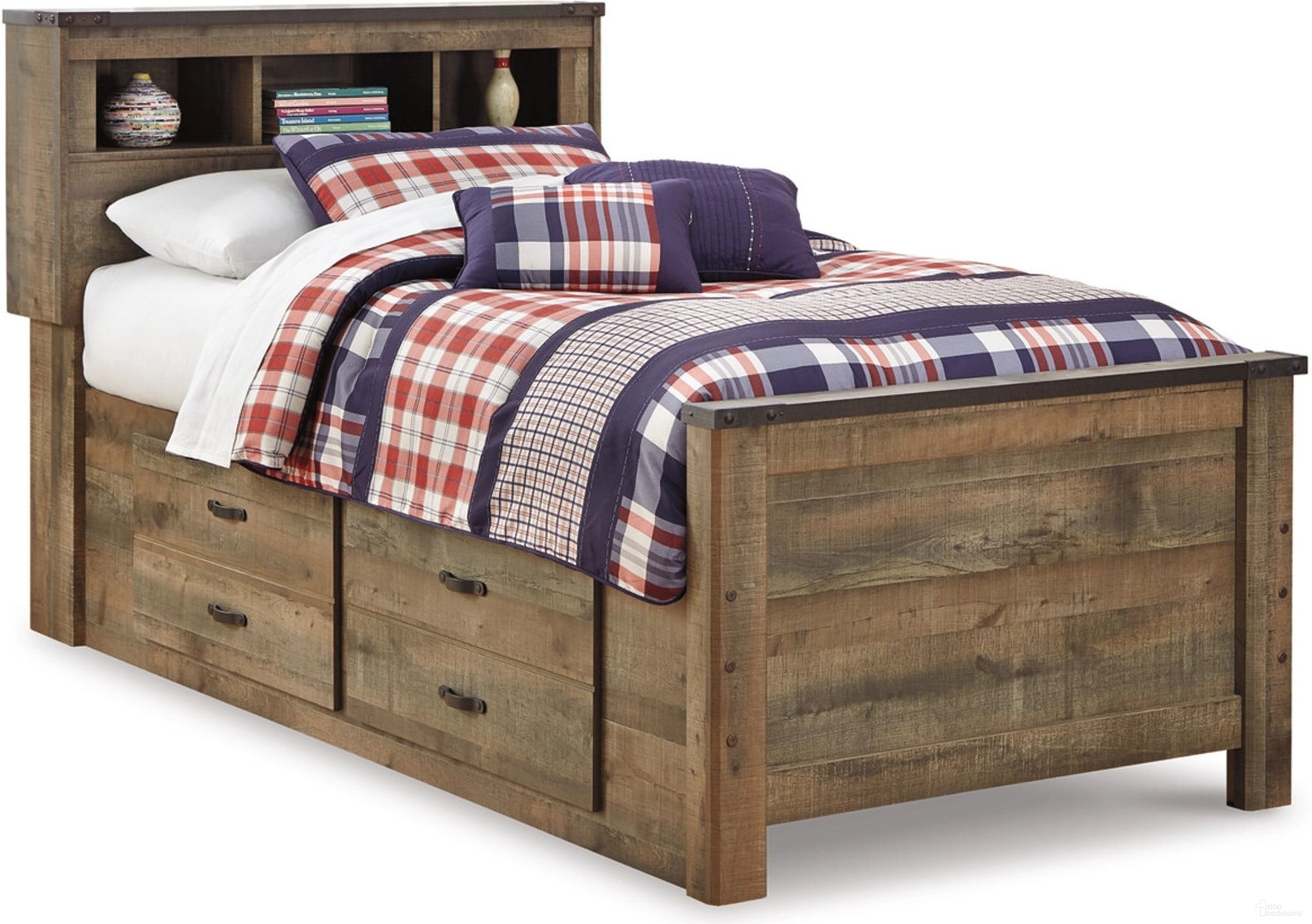 The appearance of Trinell Brown Twin Bookcase Storage Bed designed by Signature Design by Ashley in the transitional interior design. This brown piece of furniture was selected by 1StopBedrooms from Trinell Collection to add a touch of cosiness and style into your home. Sku: B446-63;B446-52;B446-50;B100-11. Bed Type: Storage Bed. Material: Wood. Bed Size: Twin.