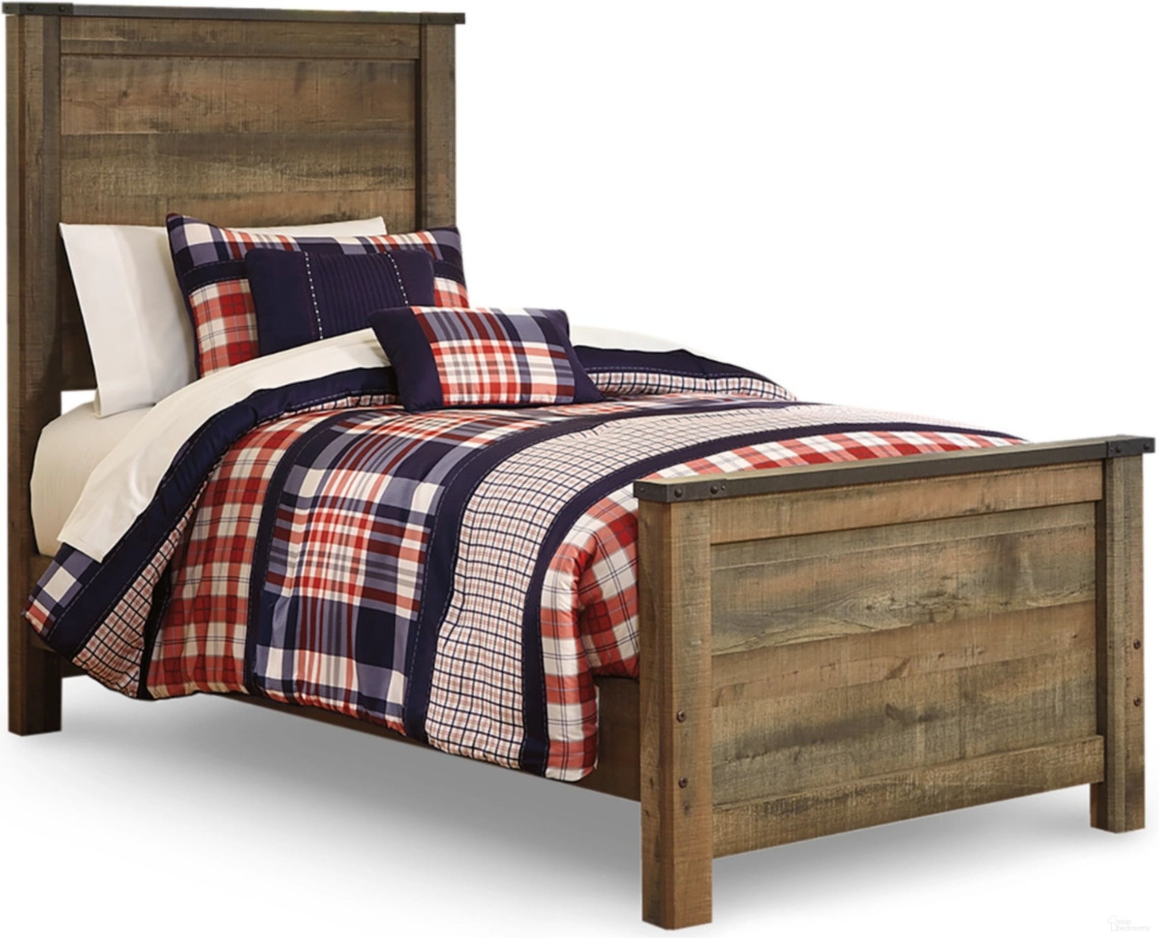 The appearance of Trinell Brown Twin Panel Bed designed by Signature Design by Ashley in the transitional interior design. This brown piece of furniture was selected by 1StopBedrooms from Trinell Collection to add a touch of cosiness and style into your home. Sku: B446-52;B446-53;B446-83. Bed Type: Panel Bed. Material: Wood. Bed Size: Twin.