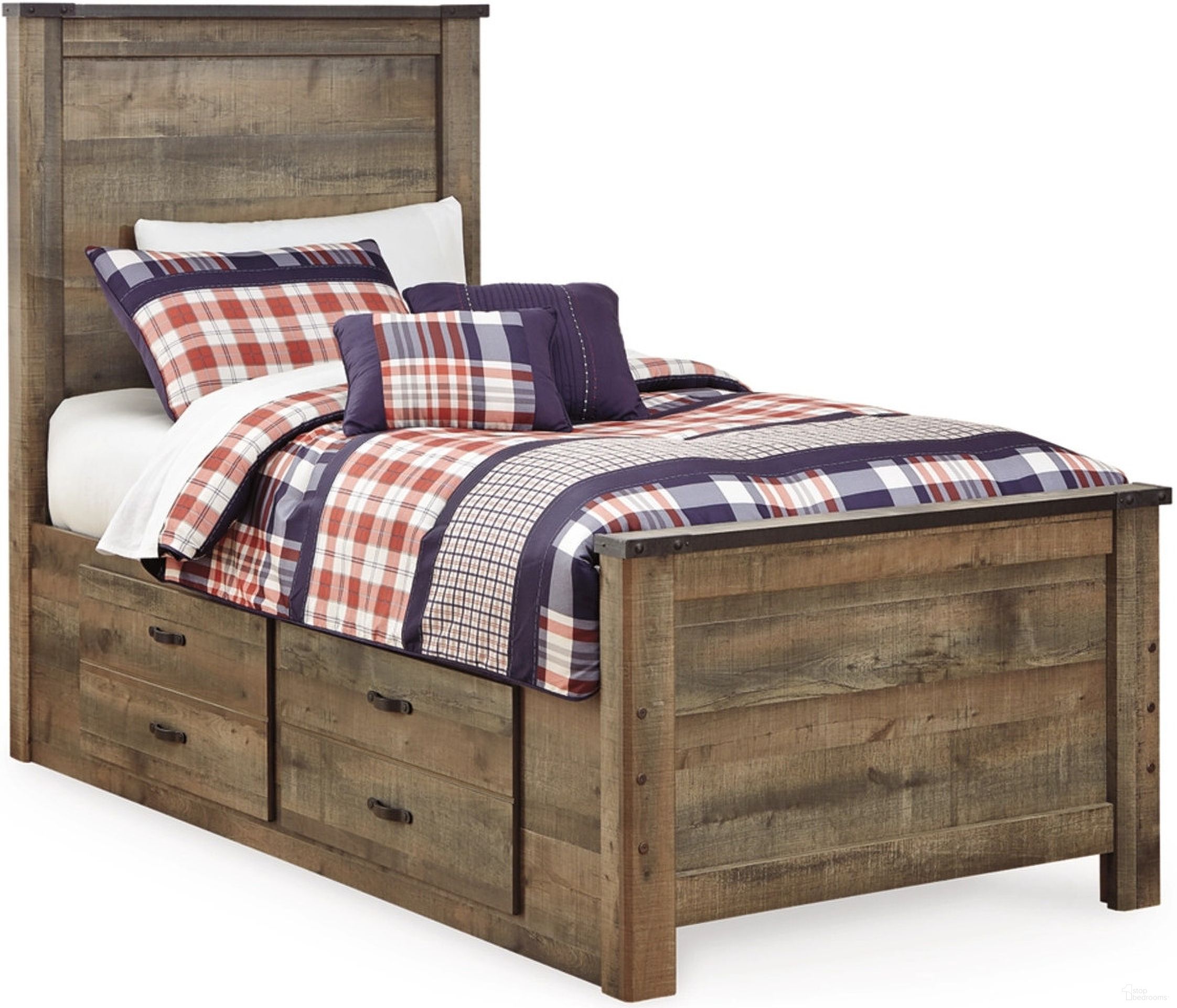 The appearance of Trinell Brown Twin Panel Storage Bed designed by Signature Design by Ashley in the transitional interior design. This brown piece of furniture was selected by 1StopBedrooms from Trinell Collection to add a touch of cosiness and style into your home. Sku: B446-50;B446-52;B446-53;B100-11. Bed Type: Storage Bed. Material: Wood. Bed Size: Twin.