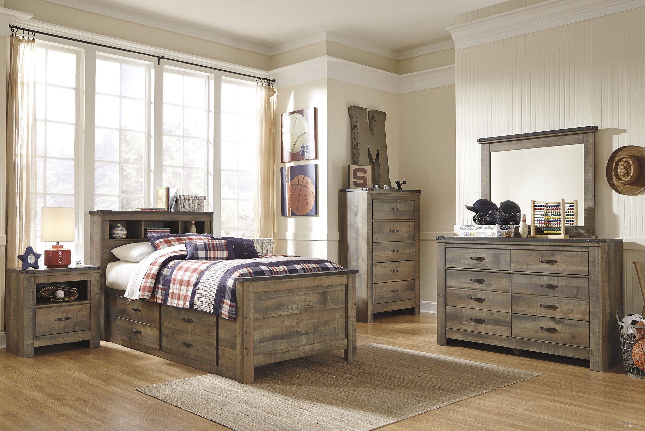 The appearance of Trinell Brown Youth Bookcase Storage Bedroom Set designed by Signature Design by Ashley in the transitional interior design. This brown piece of furniture was selected by 1StopBedrooms from Trinell Collection to add a touch of cosiness and style into your home. Sku: B446-63;B446-52;B446-50;B100-11;B446-91. Bed Type: Storage Bed. Material: Wood. Bed Size: Twin.