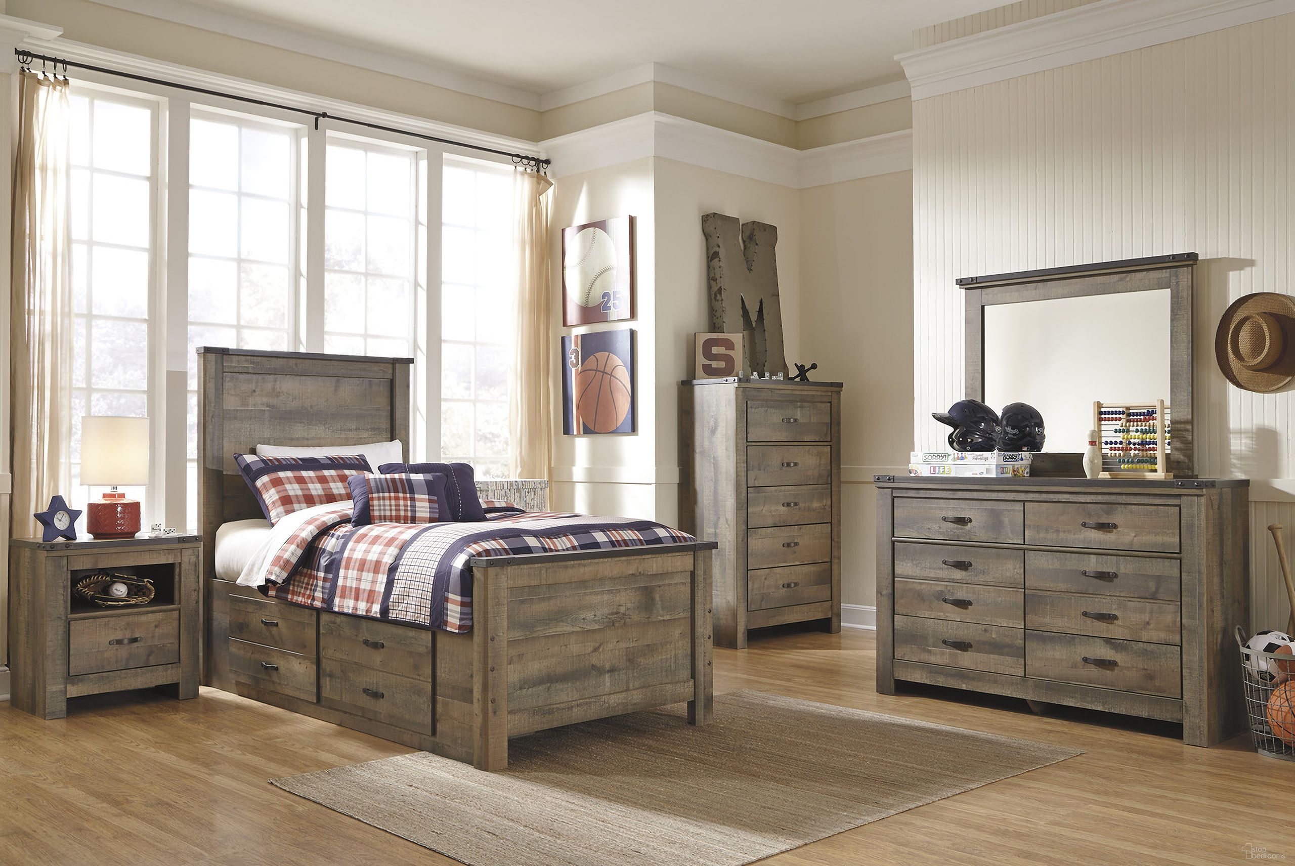 The appearance of Trinell Brown Youth Panel Bedroom Set with Drawer Storage designed by Signature Design by Ashley in the industrial interior design. This brown piece of furniture was selected by 1StopBedrooms from Trinell Collection to add a touch of cosiness and style into your home. Sku: B446-50;B446-52;B446-53;B100-11;B446-91. Bed Type: Storage Bed. Material: Wood. Bed Size: Twin.